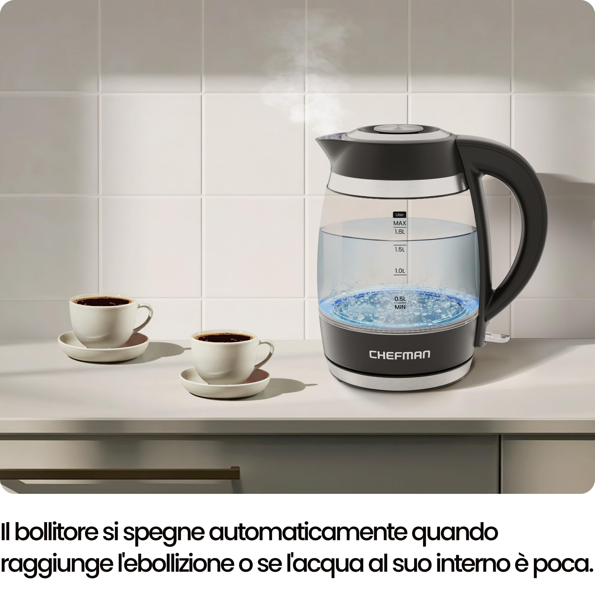 Chefman Bollitore Elettrico 1,8L 2200W, Spegnimento Automatico | Coperchio rimovibile, protezione bollitura a secco, filtro in acciaio inox
