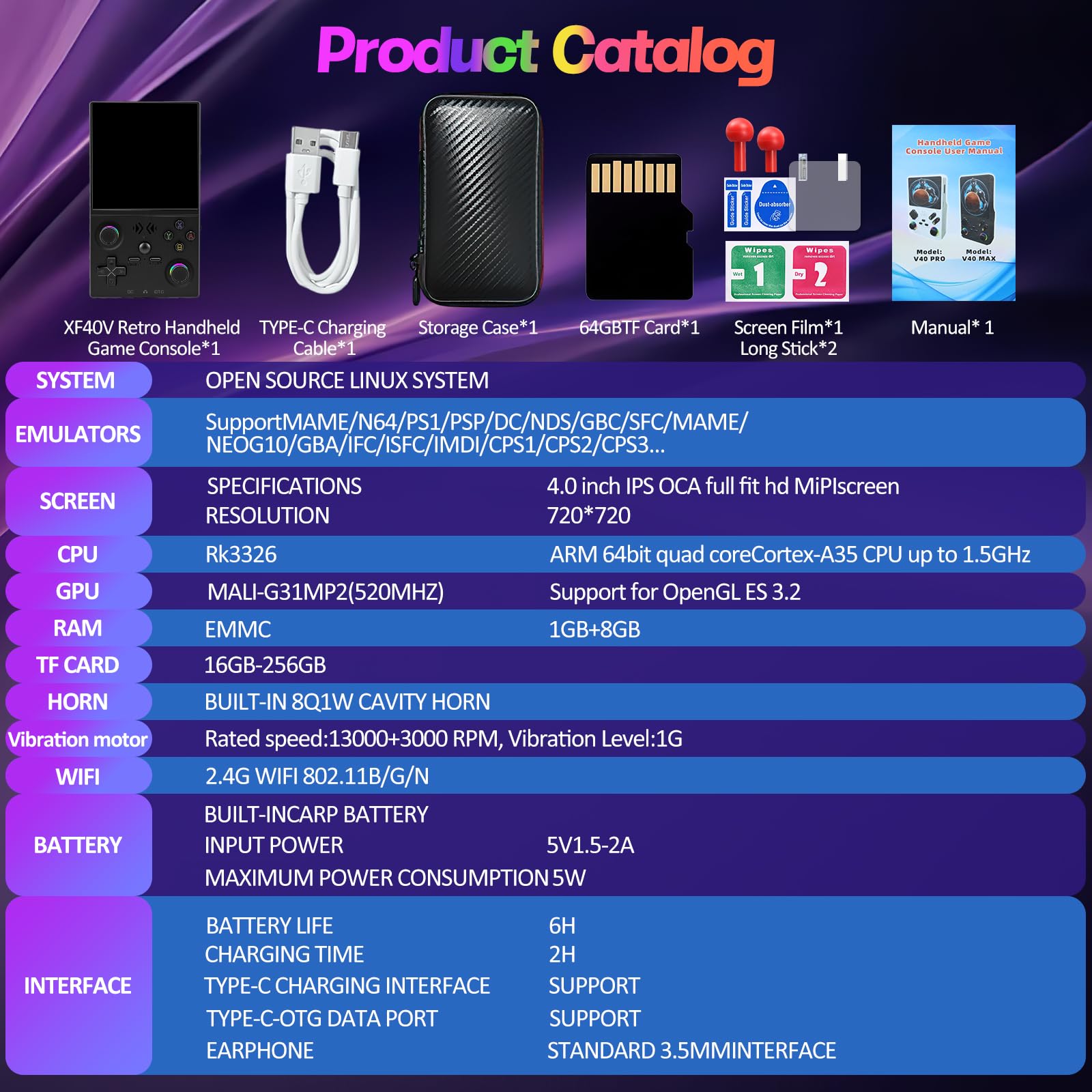 XF40V Retro Handheld Game Console, Retro Gaming Console 4.0'' IPS Screen Linux System Built-in 64G TF Card, Open Source Linux System, Preloaded 20000+ Classic Games, Portable Video Gaming (Black-64G)