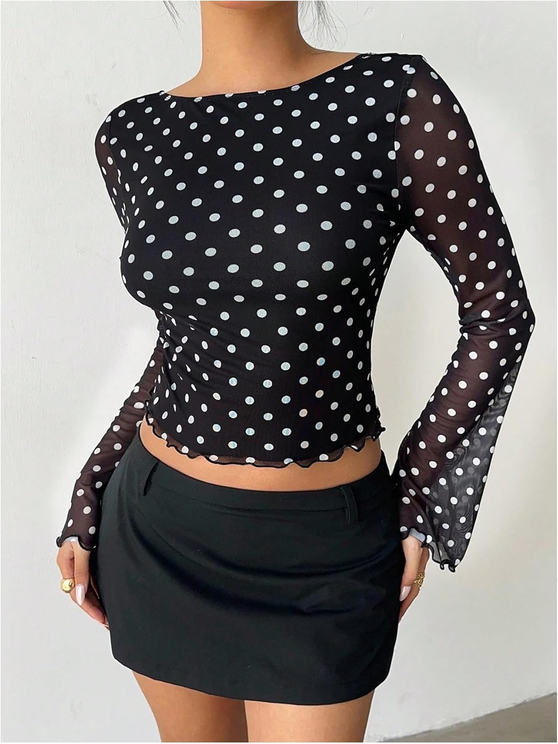 WDIRARA Women's Polka Dots Mesh Long Sleeve Crop Tops Boat Neck Backless Tee Shirt - Image 6