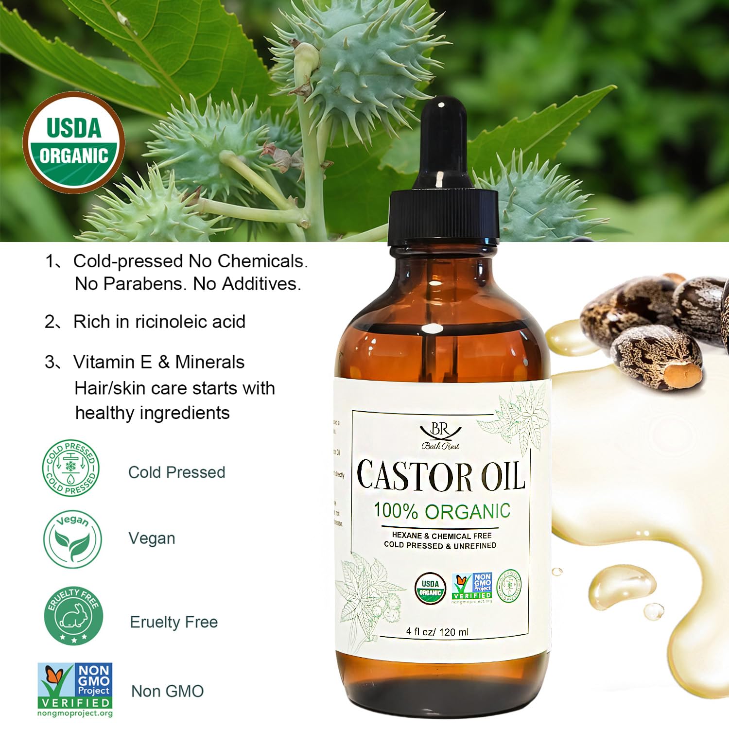 Aceite de ricino orgánico 100 % puro y natural para el crecimiento del cabello, aceite de ricino para piel, pestañas, uñas, cara, pestañas, cejas, prensado en frío, sin refinar, certificado