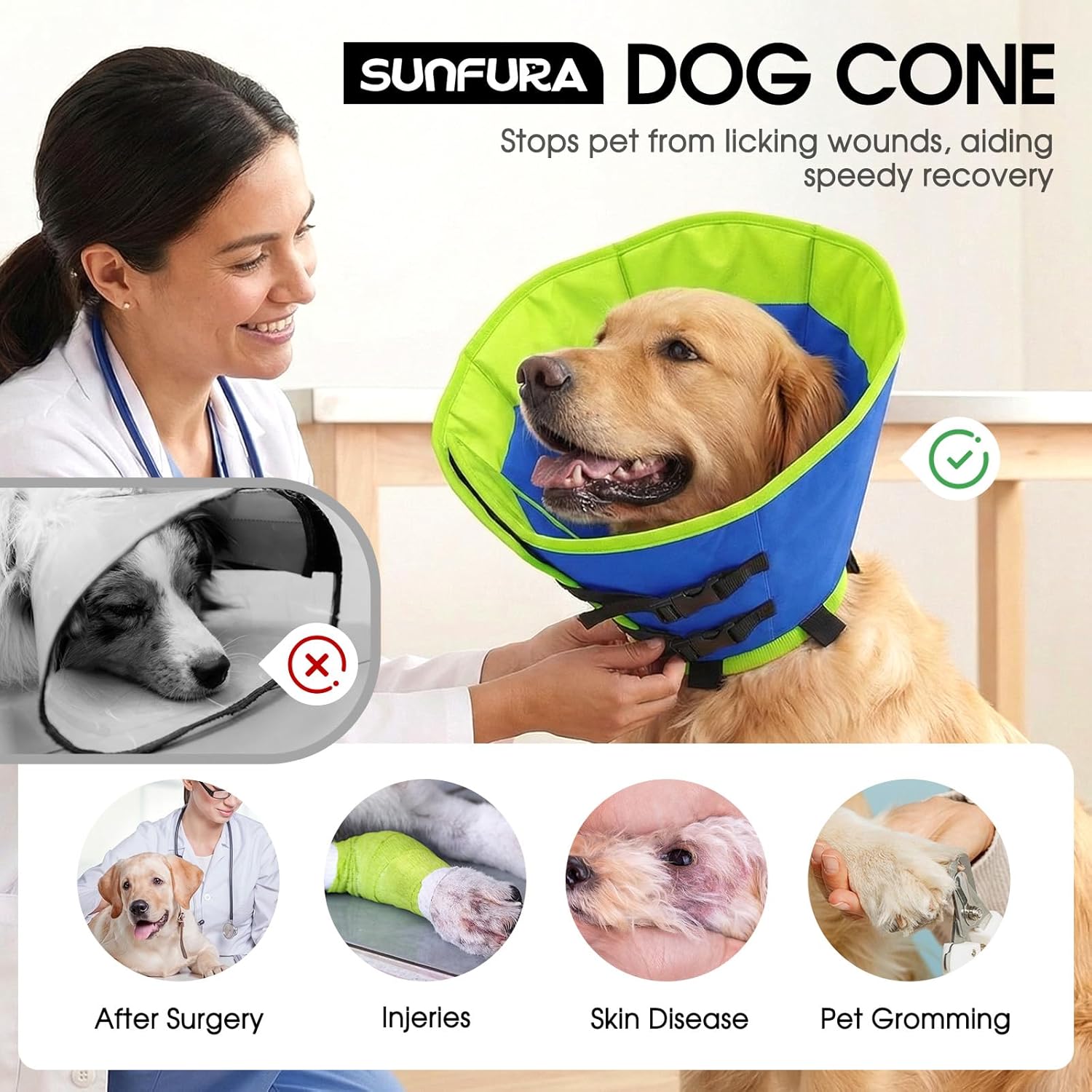 SUNFURA Soft Dog Cone, Adjustable Dog Cone Collar Alternative for Large Dogs, Comfy Pet Cones for Dogs to Stop Licking, Protective E-Collar After Surgery for Wound Healing, Blue XL