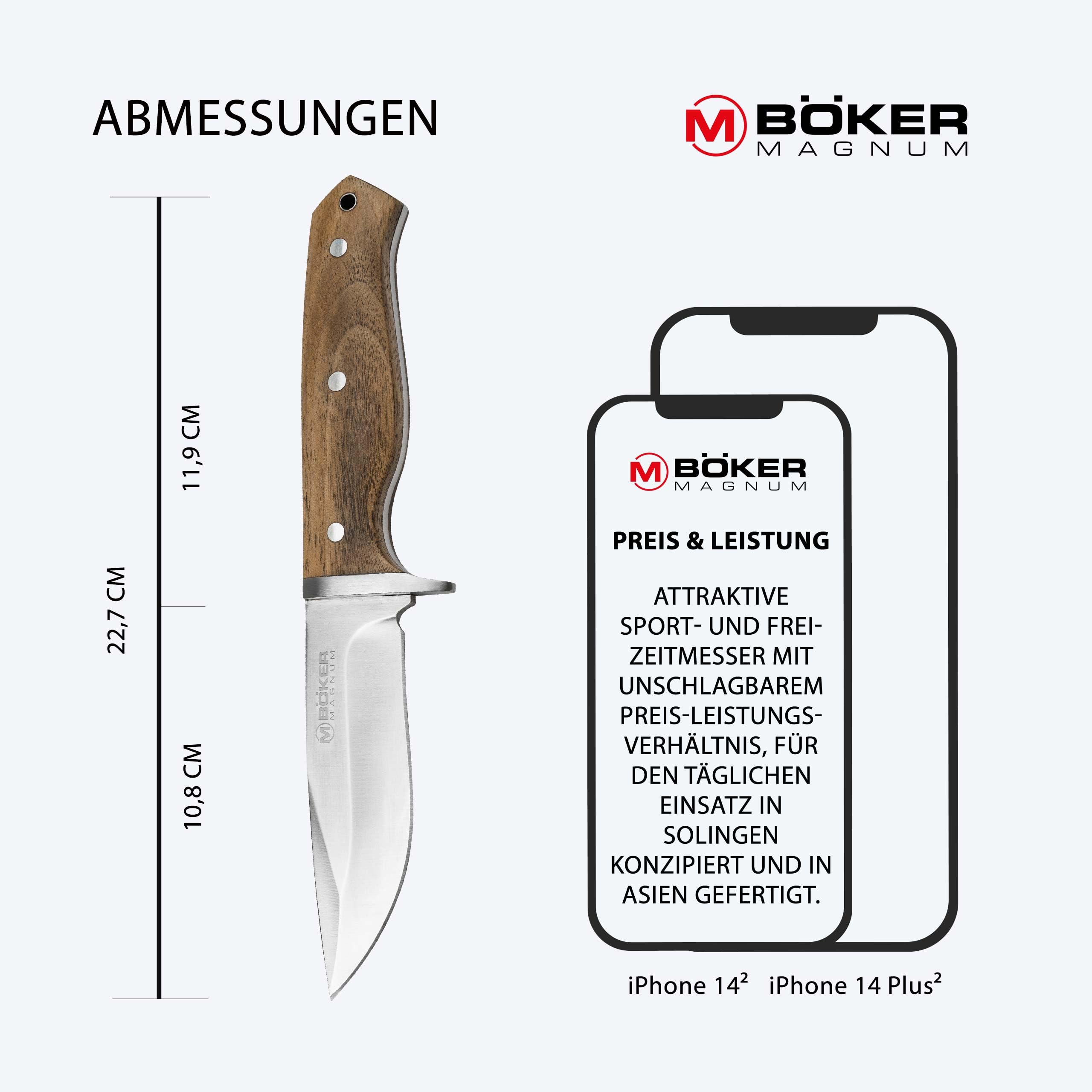 Magnum® Walnut Drop Fixed Knife - Fahrtenmesser mit feststehender Klinge unter 12 cm - Jagdmesser Holzgriff & Scheide - feststehendes Full Tang Outdoor Messer mit Parierelement für Pfadfinder
