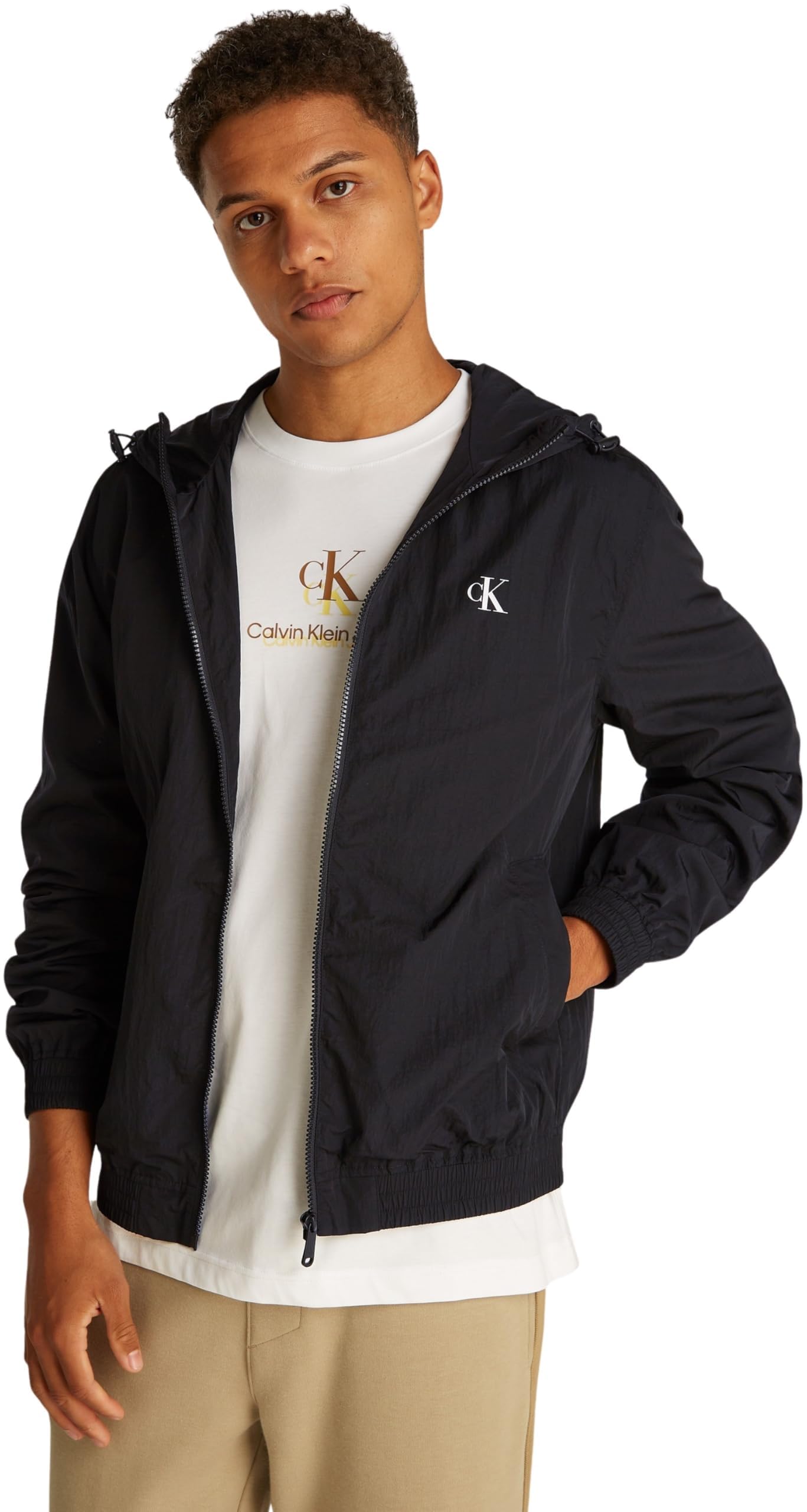 Calvin Klein Men’s Lightweight Nylon Windbreaker with Hood, Black (Ck Black), S