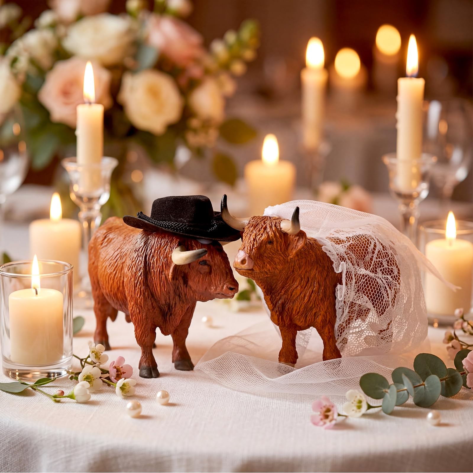 Sliner Rustic Wedding Bride and Groom Cake Topper Highland Cow Wedding Cake Topper Animal Theme Cakes Toppers for Engagement Party Couple Statue Desk Decoration Anniversary