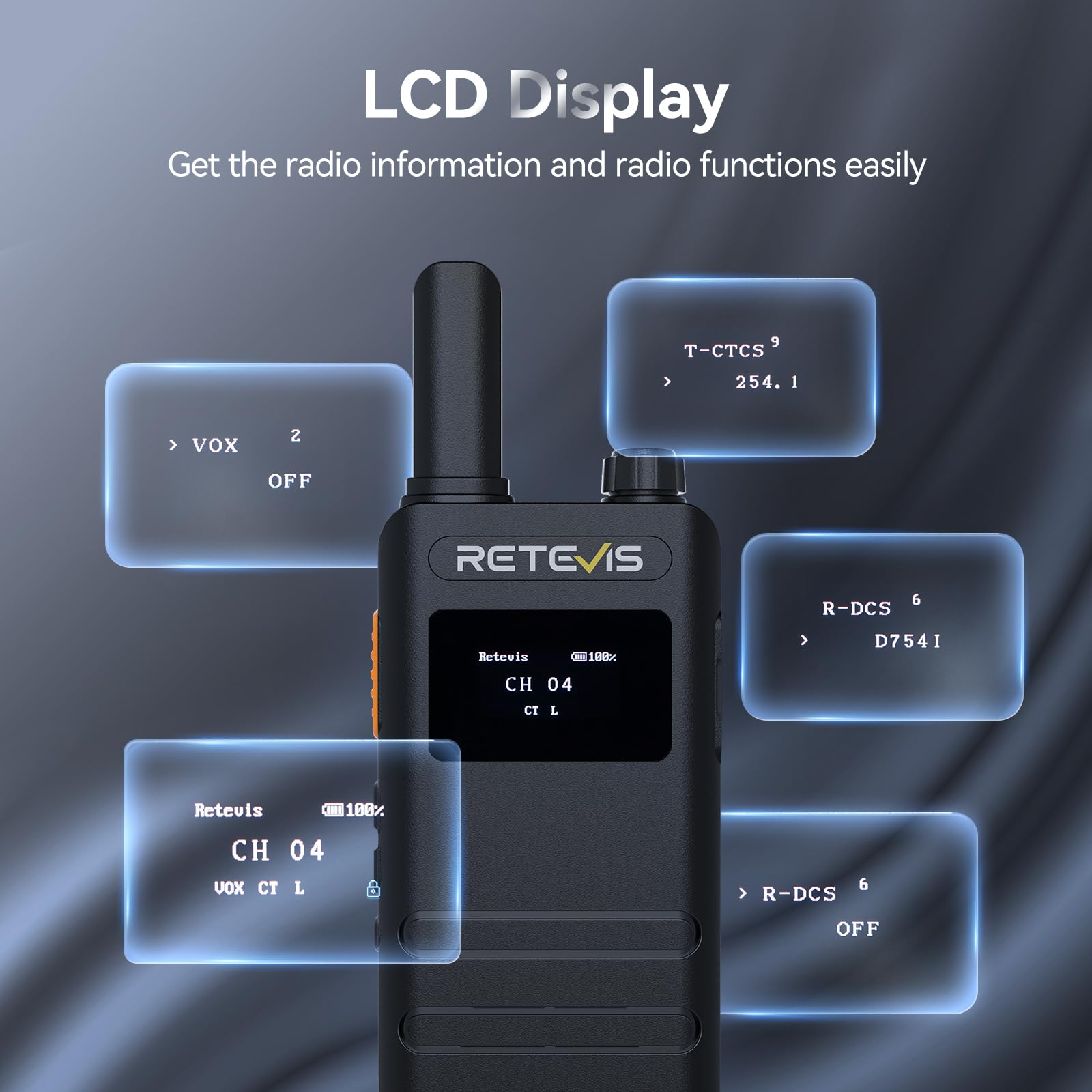 Retevis B63S Walkie Talkie Dla Dorosłych, Dwukierunkowe Radio PMR446 Slim ze Słuchawką, Ekranem LCD, VOX, USB C, 1620 mAh Możliwością Ładowania do Handlu Detalicznego, Restauracji (4 Szt, Czarne)