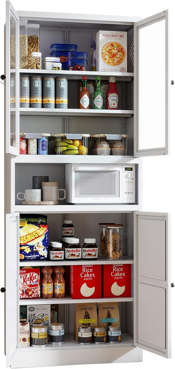 Kitchen Pantry Cabinet, 61-inch Tall Storage with Glass Doors, White Metal Frame+Glass Door, Adjustable Shelves, Freestanding Cabinet.