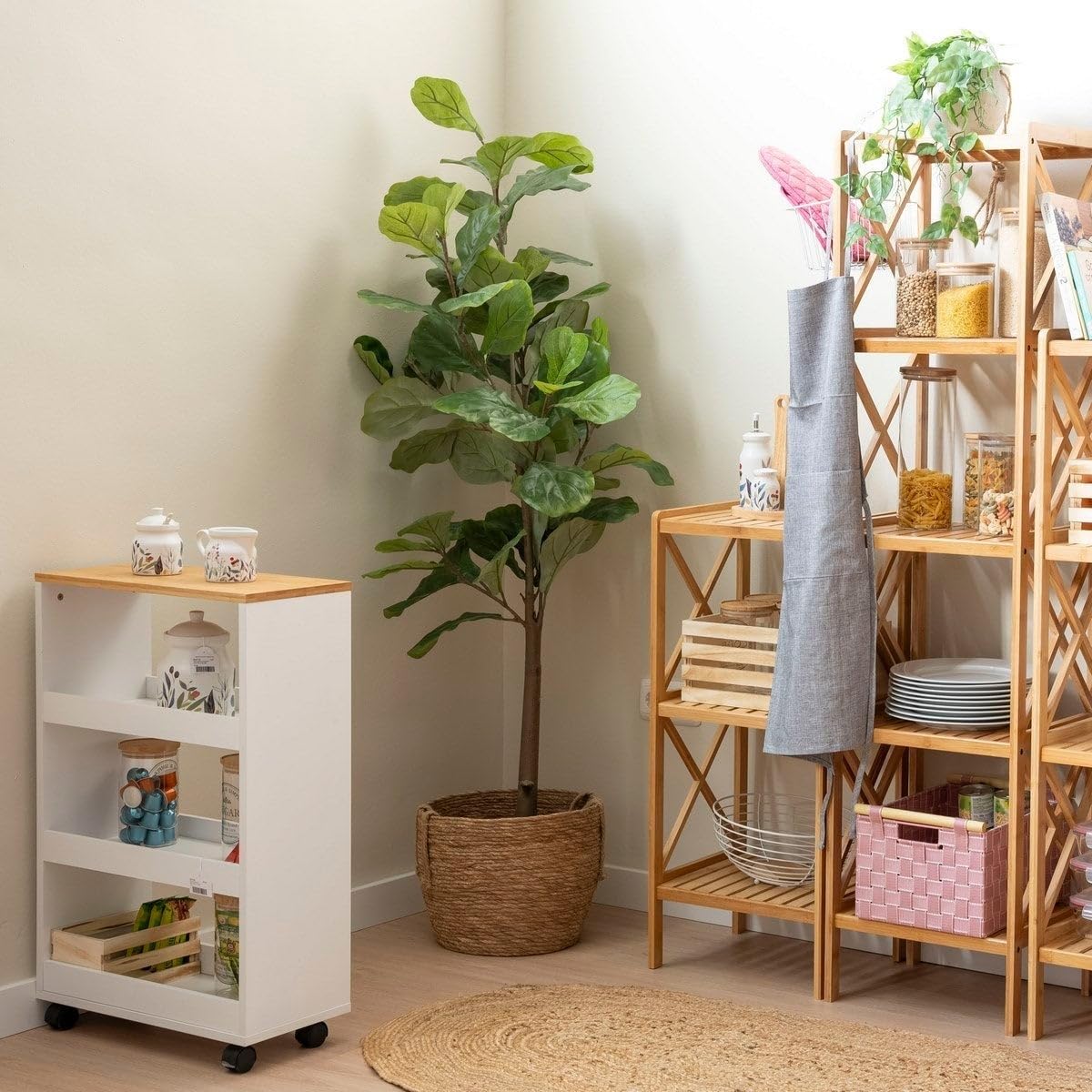 CASASELECCION - Carro estantería con Ruedas en Madera Blanco y Natural de 48x24x77 cm. Carrito Multiusos con bandejas anticaída, Ideal para organizar con Movilidad la Cocina, el baño u Oficina.