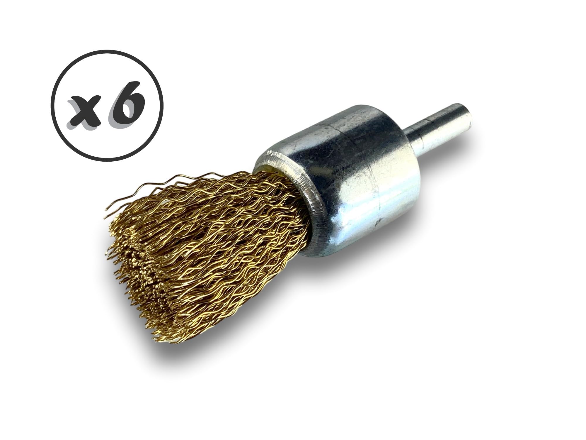 Metalowa szczotka obrotowa z końcówką Ø 22 mm | Zestaw 6 sztuk | Kształt pędzla na trzonku Ø 6 mm | Nici mosiężne Ø 0,30 mm twarde | Do wiertarki lub wkrętarki z uchwytem | Kibros 20LT22x6
