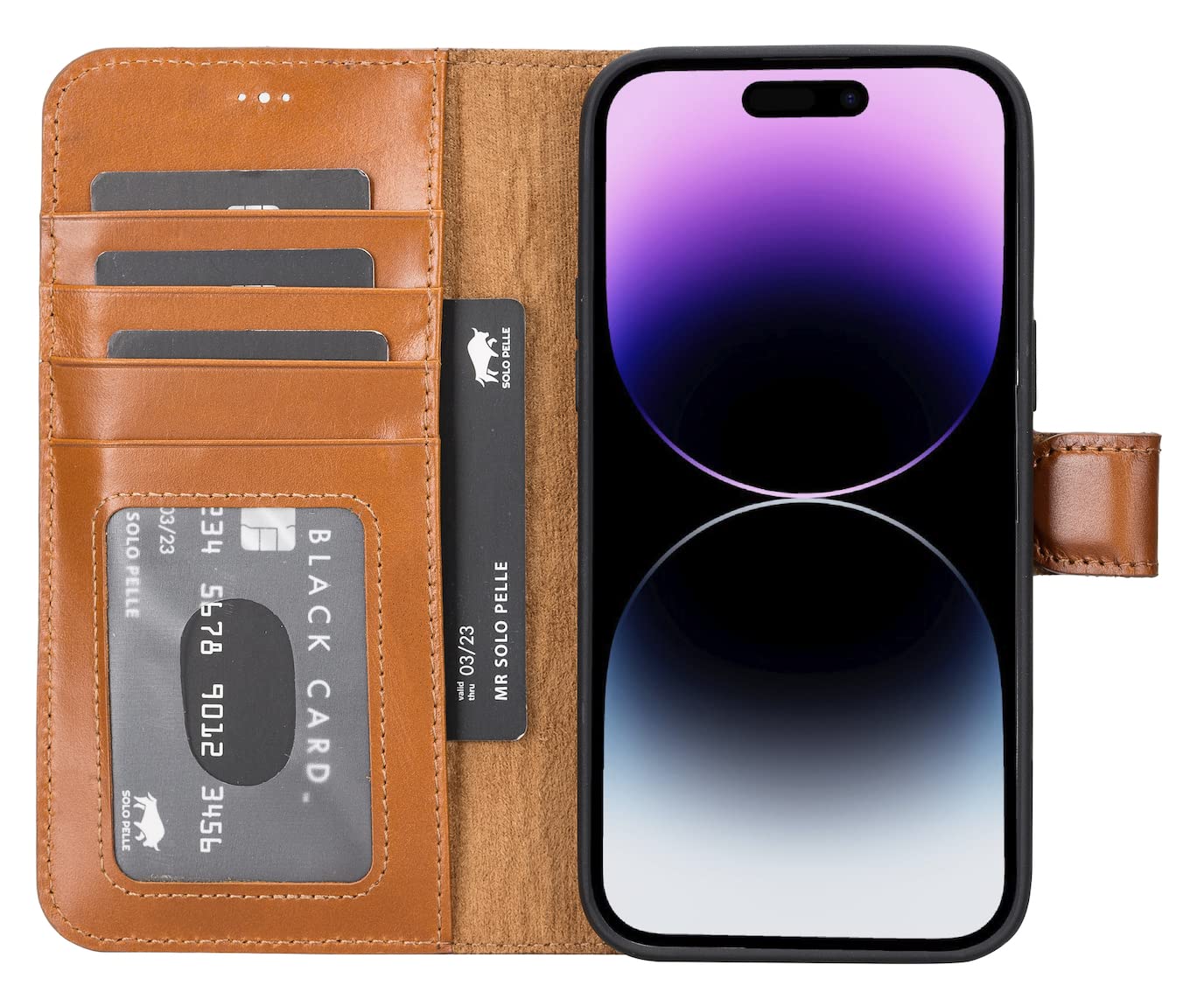 Solo Pelle Lederhülle kompatibel für iPhone 14 Pro Max in 6.7 Zoll abnehmbare Hülle (2in1) inkl. Kartenfächer für das original Apple iPhone 14 Pro Max in 6.7 (Cognac Braun)