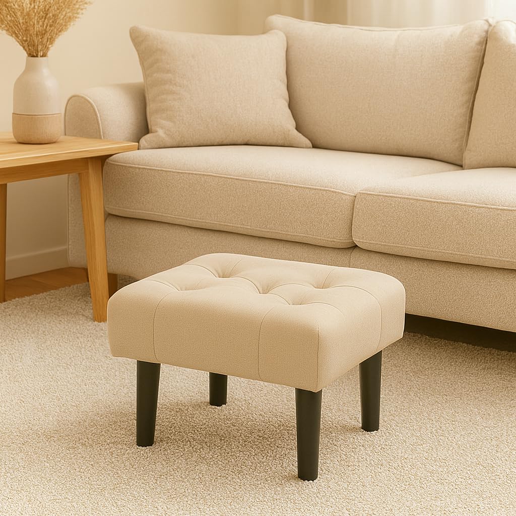 Small Footstool Ottoman, Velvet Soft Footrest Ottoman with Wood Legs， Sofa Footrest Extra Seating for Living Room Entryway Office - Cream