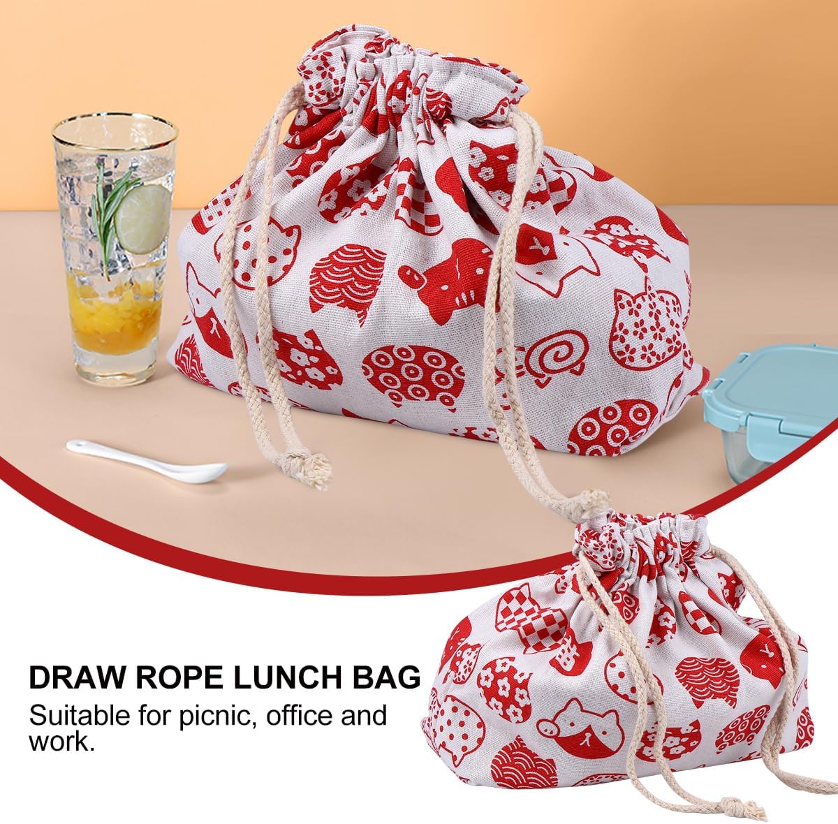 TOYANDONA Bento Box Drawstring Lunch Bag Double-Layer Thickened Japanese Style Bento Tote Pouch Candy Holder Pack for Home Wedding Birthday Party Red Anime Lunch Box - Image 3