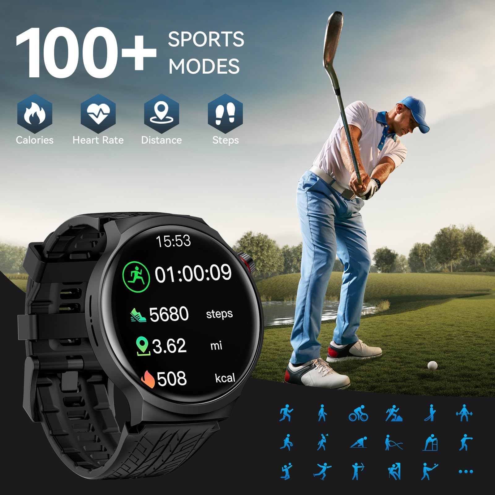 AMAZTIM Smart Watch for Men, 1.85" Ultra-Large Display, 120 Days Extra-Long Battery, Military-Grade Materials, Answer/Dial Calls, 100+ Sports Modes, 24/7 Heart Rate & Sleep Monitor, for Android & iOS