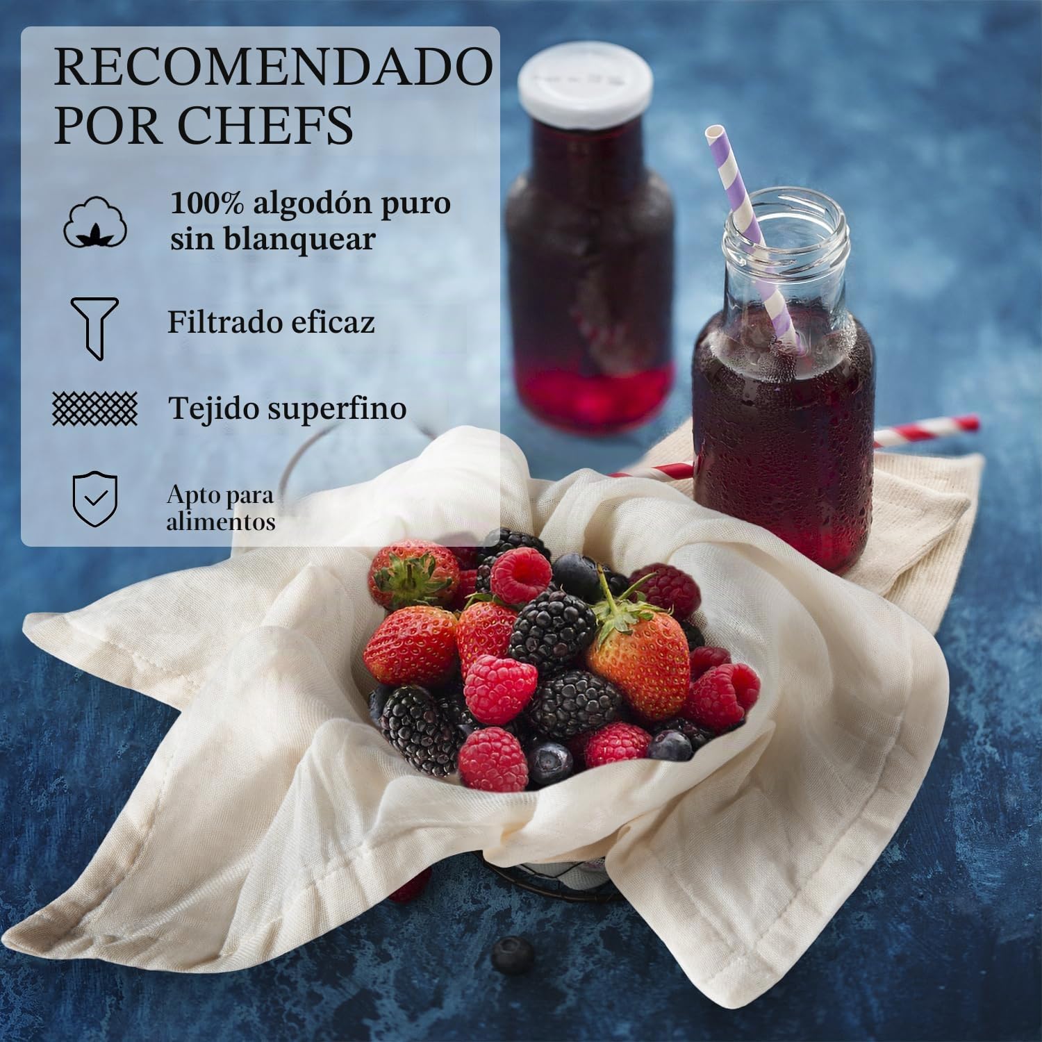 eFond 4 Piezas Telas Filtrante Reutilizable de Algodón Puro sin Blanquear 50x50cm - Colador Ultrafino Lavable para Queso, Zumos y Cocina - Grado 100 (Tela de Filtración, Cheese Cloth)