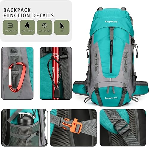 Miniatura 4 de King'sGuard Mochila de senderismo 60L para hombres y mujeres, mochila de camping impermeable, mochilero, montañismo, escalada, mochila, Azul lago,