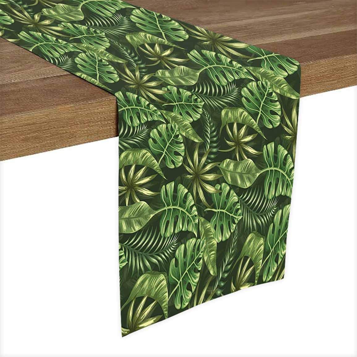 Dark Green Forest Green and Apple Green Polyester linen Tea Long Table Runner,Jungle Forest Palm Leaves Hawaiian Summer Tropic Theme Decor for Art Wedding Bridal Shower Bachelorette Party (18