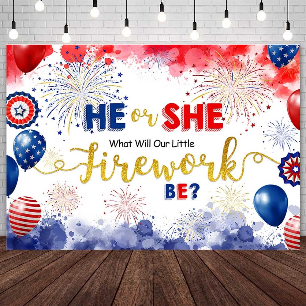 AIBIIN 10x7ft Firework Gender Reveal Backdrop He Or She What Will Our Little Firework Be 4th of July Gender Reveal Photography Background Red White