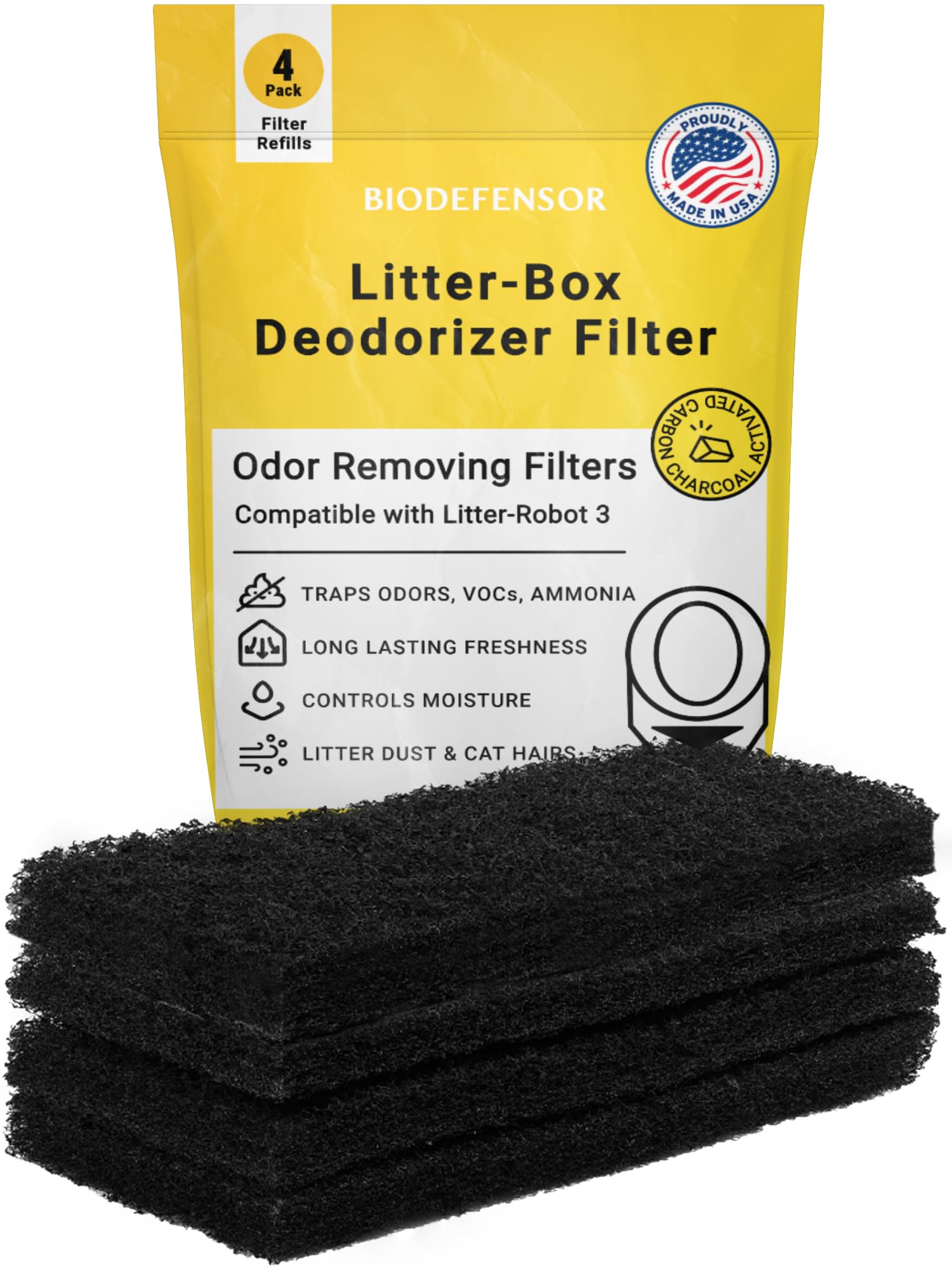 Biodefensor Carbon Filters Compatible with Litter-Robot 3 - Made in USA - Thick True Charcoal Absorbs Odors & Controls Moisture - Pet Safe, Non-Toxic,