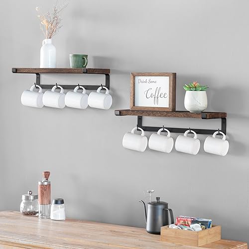 Miniatura 3 de Dahey Soporte para tazas montado en la pared con ganchos, juego de 2, estante flotante rústico de almacenamiento, accesorios de barra de café,