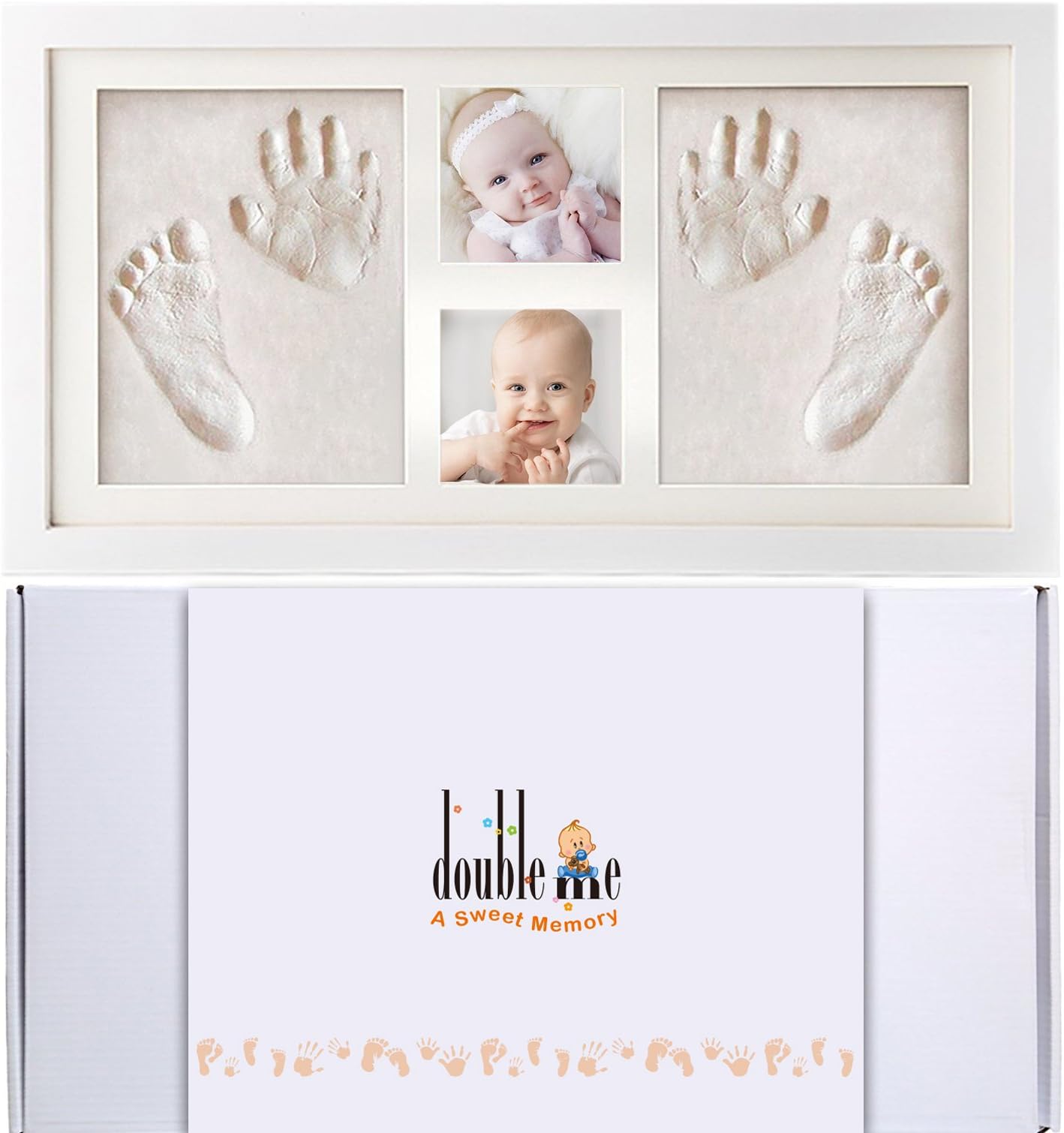 Doubleme Baby Handprint and Footprint Picture Frame Kit, 2 photos and 2 prints, Memorable Keepsakes for Newborn and Twins, Baby Shower Gifts, Wood Frame with Safe Clay, White