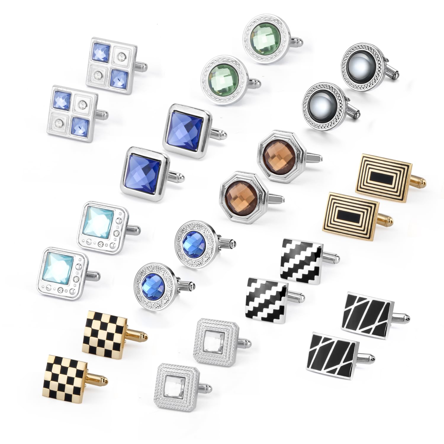 Wynameleri Mens Cufflinks Set 12 Pairs, Black Cuff Links Pack of 12 for Men Silver and Gold, for Business, Wedding,Party Gift Pack in Case