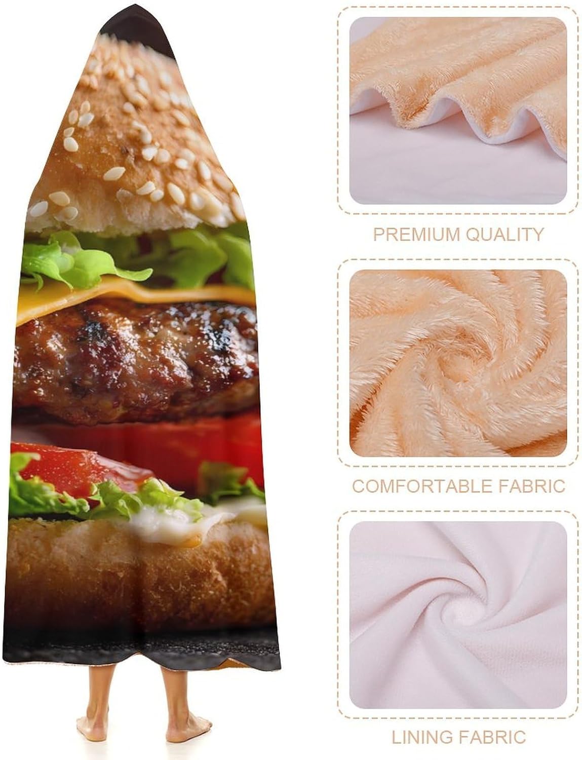 Cheeseburger Fast Food Pattern Wearable Blanket Oversized Throw Cape | Cozy Hooded Blanket Gifts for Women Men