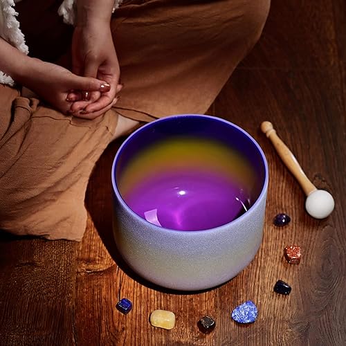 Miniatura 2 de CVNC Cuenco cantante de cristal de cuarzo esmerilado de 8 pulgadas con forma de arco iris y nota A Note Third-Eye Chakra + mazo gratis y junta tórica