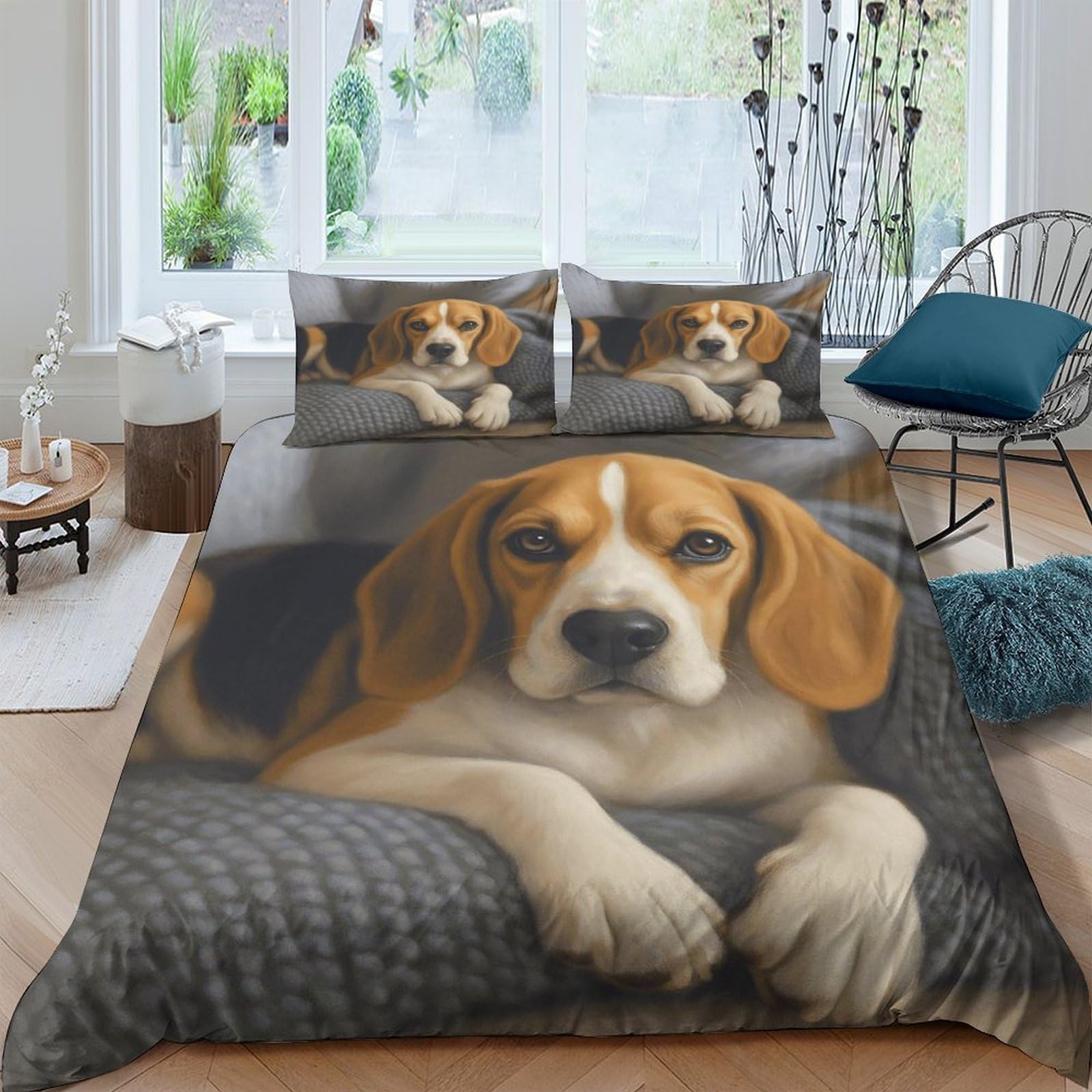 GPLZQXKJNH 3D Printed Beagle Dog Duvet Cover Microfiber Soft Breathable Puppy Bedding Set with 2 Pillowcases for Bedroom Decor Single（135x200cm）