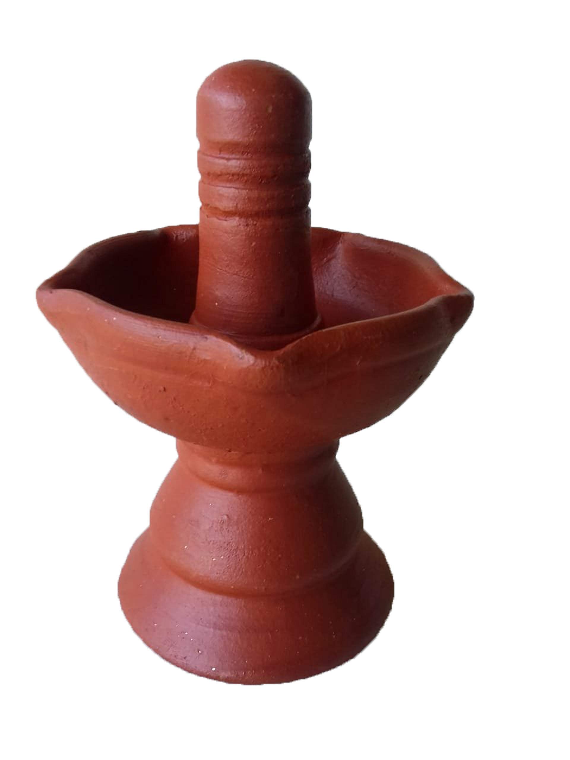 Salem Pottery Shop Earthenware Classic Handmade Terracotta Clay (Lingam Shape) (Kuthu Vilaggu) Tamil Traditional Oil Diya Lamp (10X15 cm_Brown)