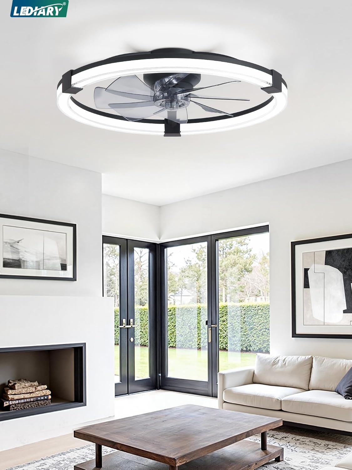 LEDIARY Ceiling Fans with Lights, 23 Inch Low Profile Ceiling Fan with Remote, 6 Speeds, Reversible, Dimmable Flush Mount Fan Light, Modern Fandelier Ceiling Fan with Lights for Bedroom, Black