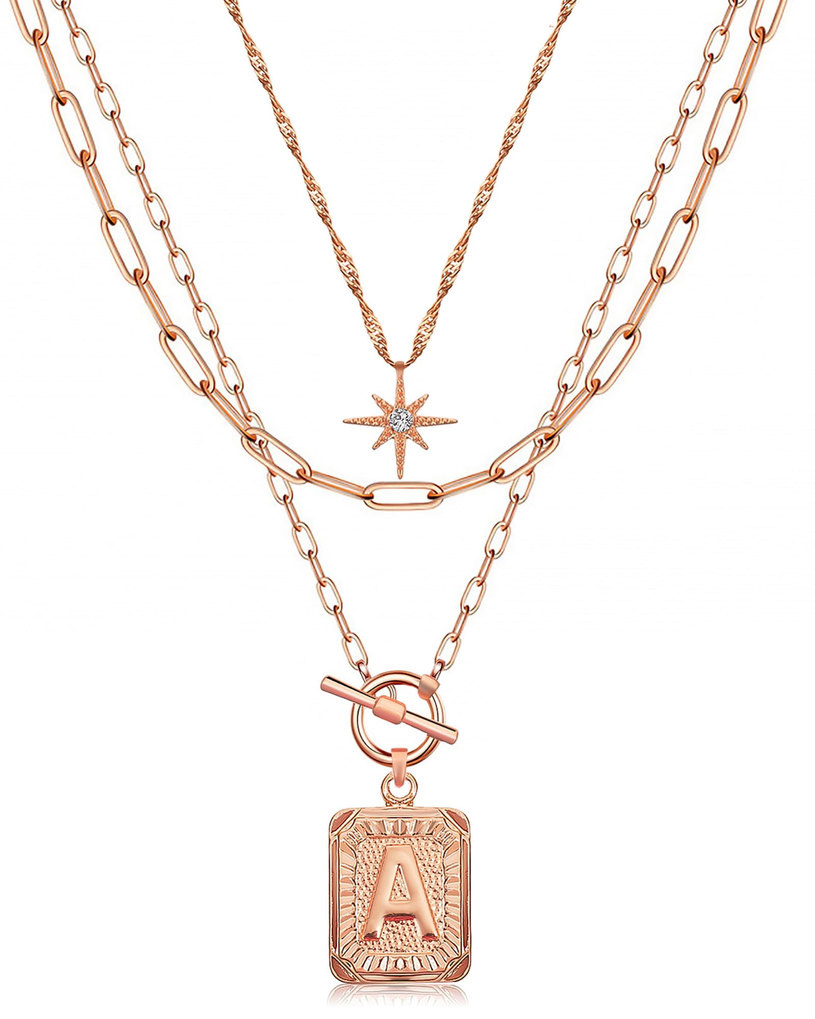 MJartoria Layered Initial Necklaces for Women Trendy, 14K Gold Plated Brass Simple Star Choker Square Letter Pendant Necklace, Paperclip Chain