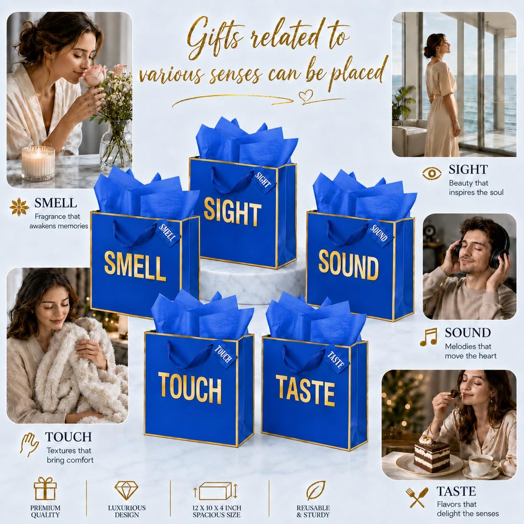 Large Gold Foil 5 Senses Gift Bags For Him Her with Labels Envelopes and Cards, Sight Smell Touch Taste Sound Gift Bags with Tissue Paper For Birthday, Anniversary, Mother'S Day, Valentine's Day 12 x 10 x 4 (Blue)