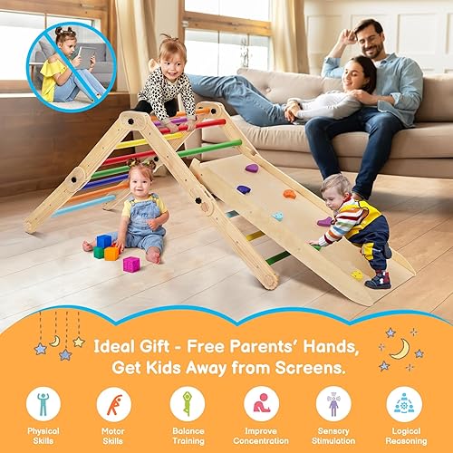 Miniatura 8 de Dripex Triángulo escalador con tobogán reversible 10 modos de cambio colorido juego de triángulos Pikler plegable para niños pequeños parque