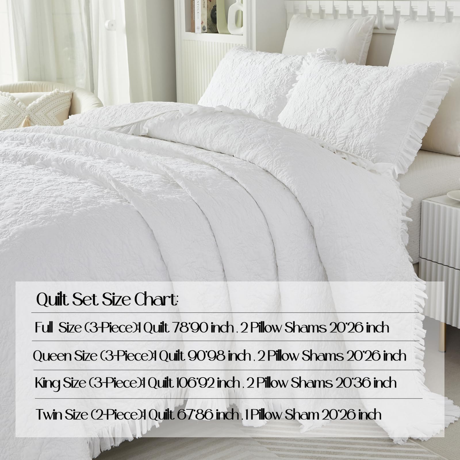 Brandream Juego de Ropa de Cama de algodón Blanco sólido tamaño King, Colcha Matelasse con 2 Fundas de Almohada: Elegante Colcha con Volantes, Juego de Ropa de Cama Ligero Femenino