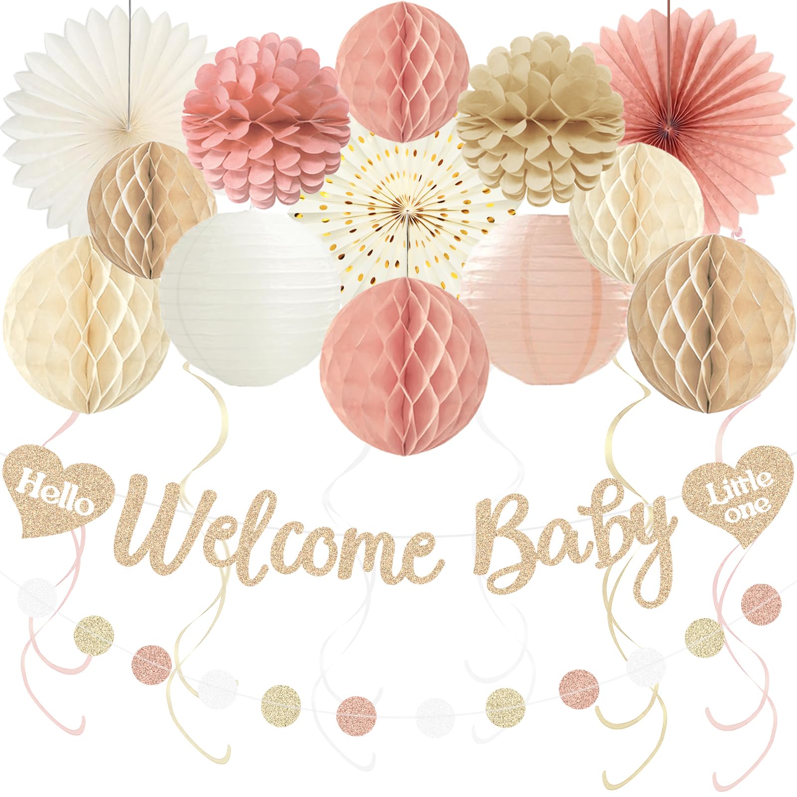 Boho Baby Shower Decorations for Girl, Pre-Strung Welcome Baby Banner with Honeycomb Balls, Paper Flowers, Lanterns, Fans, Hanging Swirls, Circle Dots Garland for Girl Baby Shower Decorations 24pcs