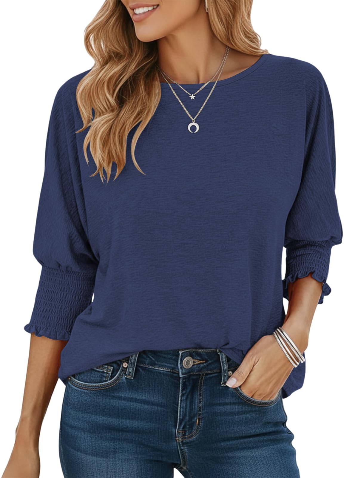 Cuptacc Tshirt Damen Basic Round Neck Tunika Damen Mode Ausgefallene Gesmokt Bündchen Oberteil Weich Atmungsaktiv Einfarbig Top Marineblau L