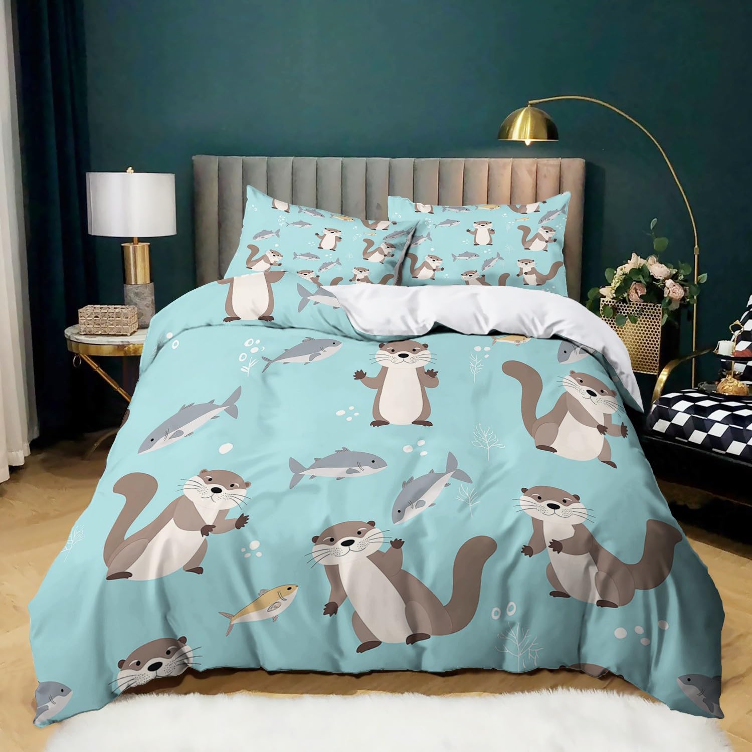 Azul Claro Funda Nordica Cama 150 Nutria de Dibujos Animados Juego de Funda Edredónes 240x220 cm Microfibra Suave Transpirable y con 2 Funda de Almohada 50x75 cm para Juveniles Niños Niña