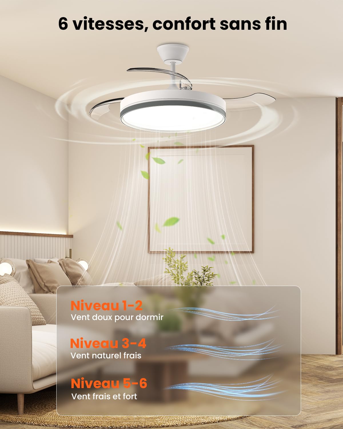 Airwit 106cm Rétractable Silencieux Ventilateur Plafond avec Lumière, 6 Vitesses, Télécommande, 3 Températures de Couleur