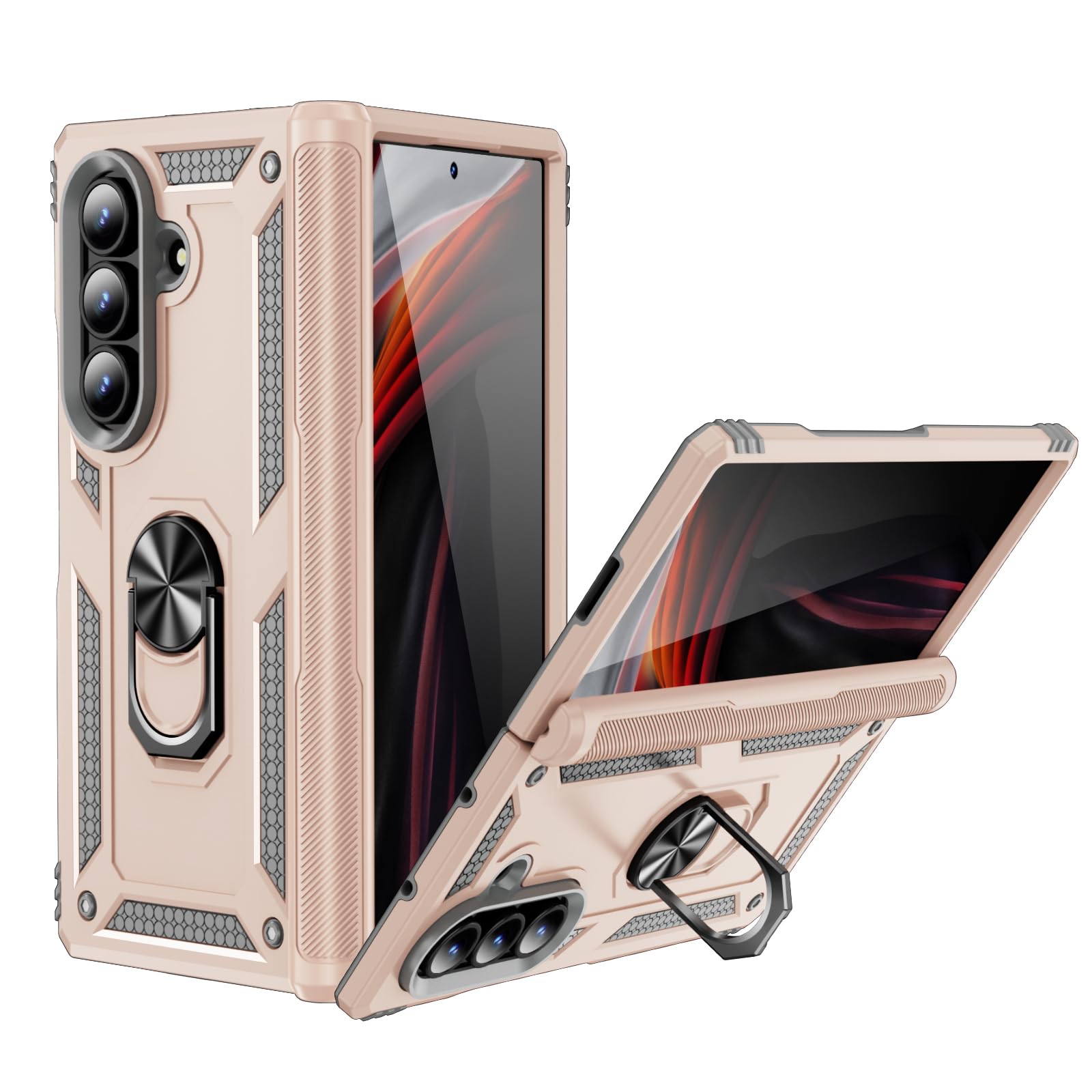 Phone Case for Samsung Galaxy Z Fold 7 Cover Magnetic Stand Ring Holder Cell Accessories Heavy Duty Rugged Protective Shockproof ZFold Z7 G Fold7 7Z Girls Women Men Apricot