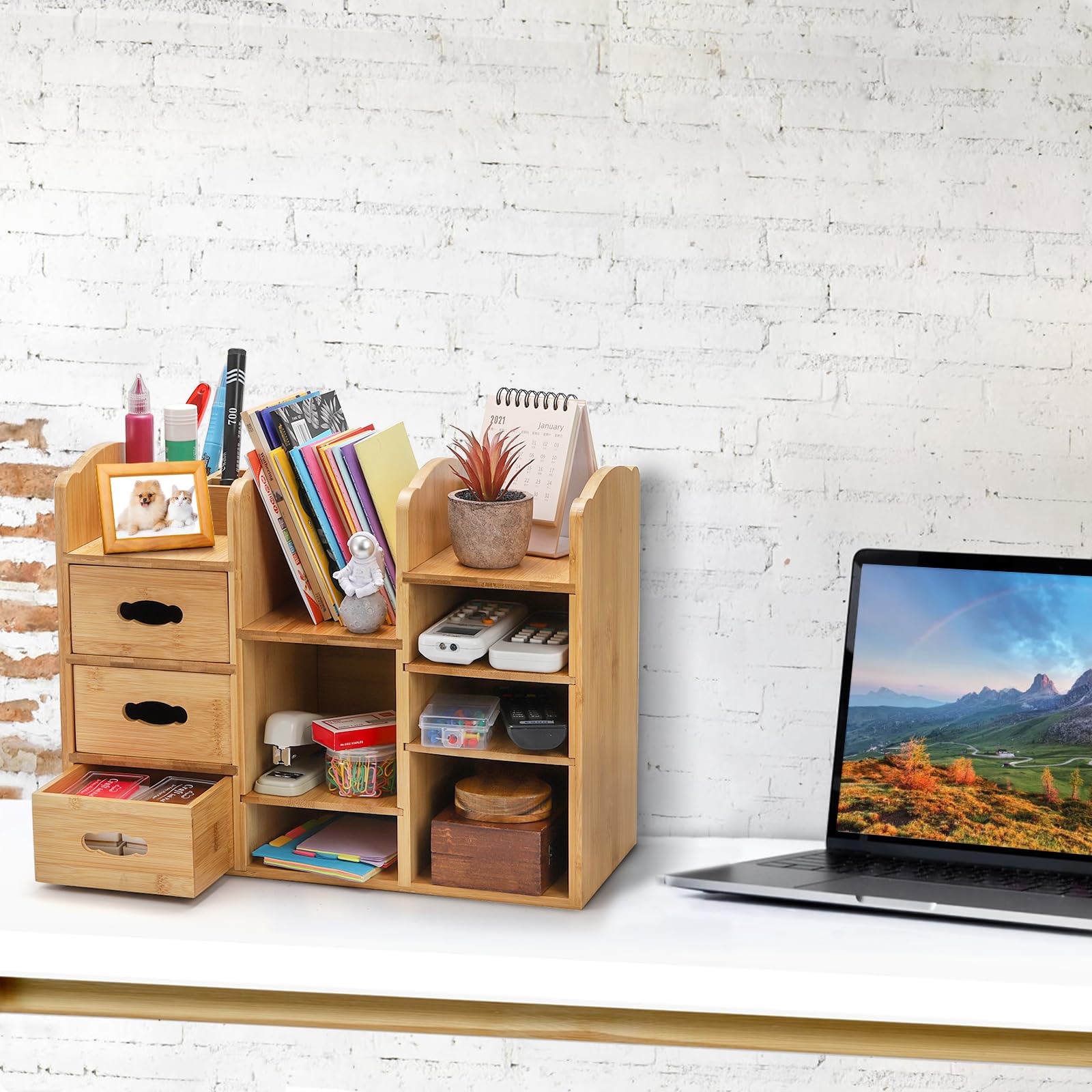 Coloch Make-up-Organizer aus Bambus mit Schubladen, multifunktionale Kommode, Make-up-Aufbewahrung, Tisch-Organizer, Regal für Schreibtisch, Hautpflege, Kosmetik-Display, Schreibwaren-Aufbewahrung