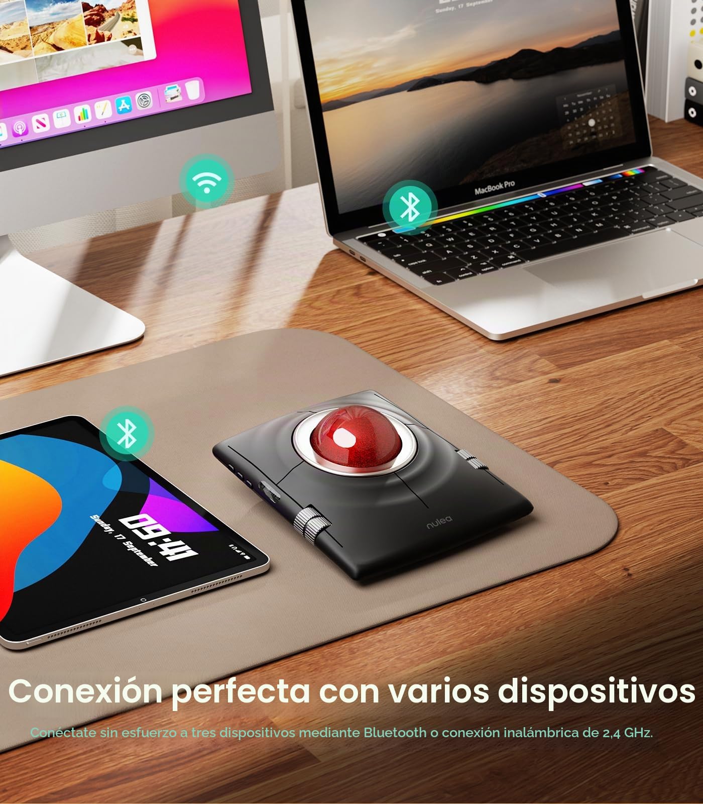 Nulea M512 Ratón Trackball Inalámbrico, Trackball Ergonómico de 55mm, dpi Ajustable para un Control Preciso, Compatible con Mano Derecha o Izquierda, Recargable, Bluetooth Multi-Dispositivo y 2.4GHz