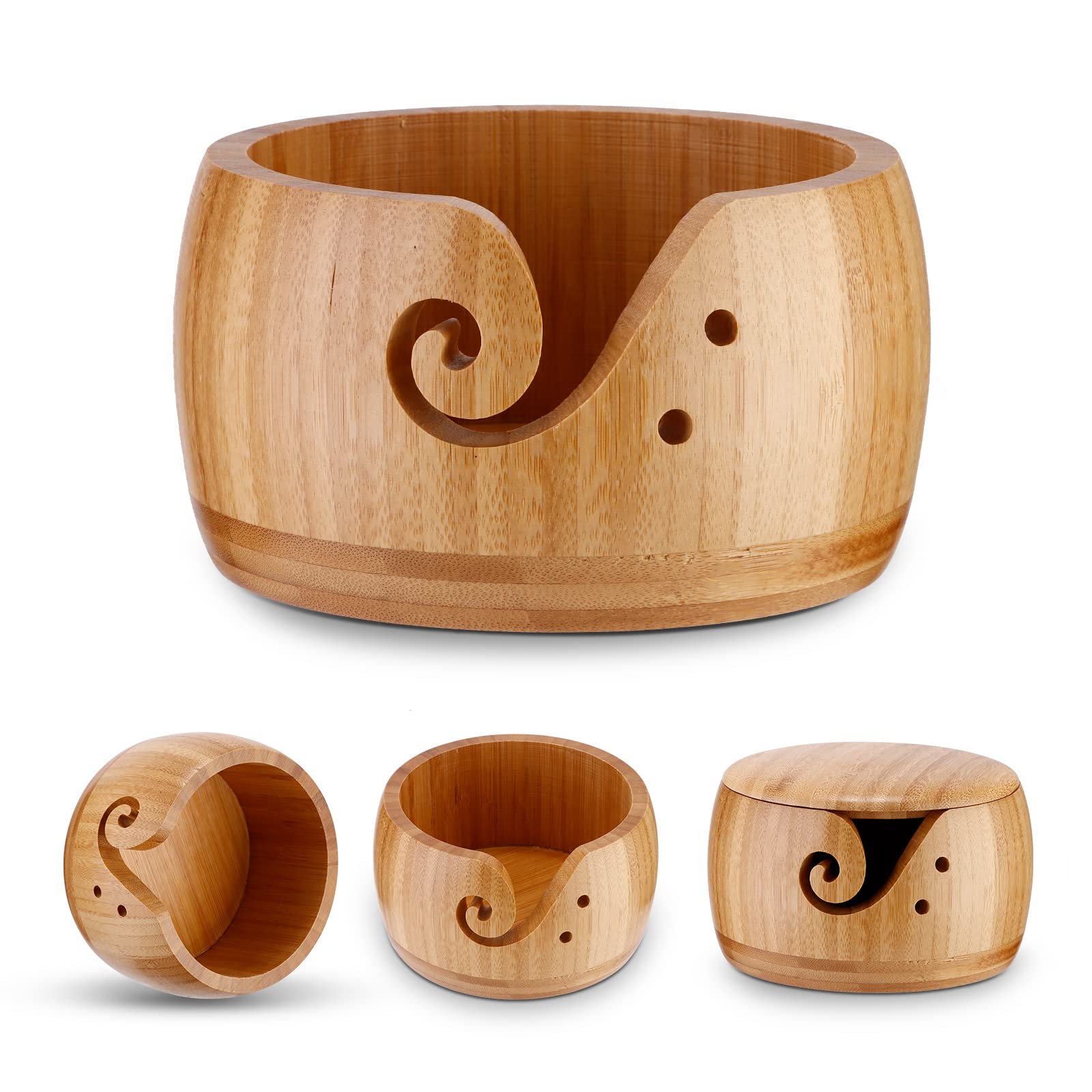 ALLOMN Wood Knitting Bowl, Knitting Bowl Holder Wool Storage Bowl Bamboo Knitting Bowl Wool Holder Organizer Wool Bowl Storage Accessories with Lid for Knitting and Crochet Projects