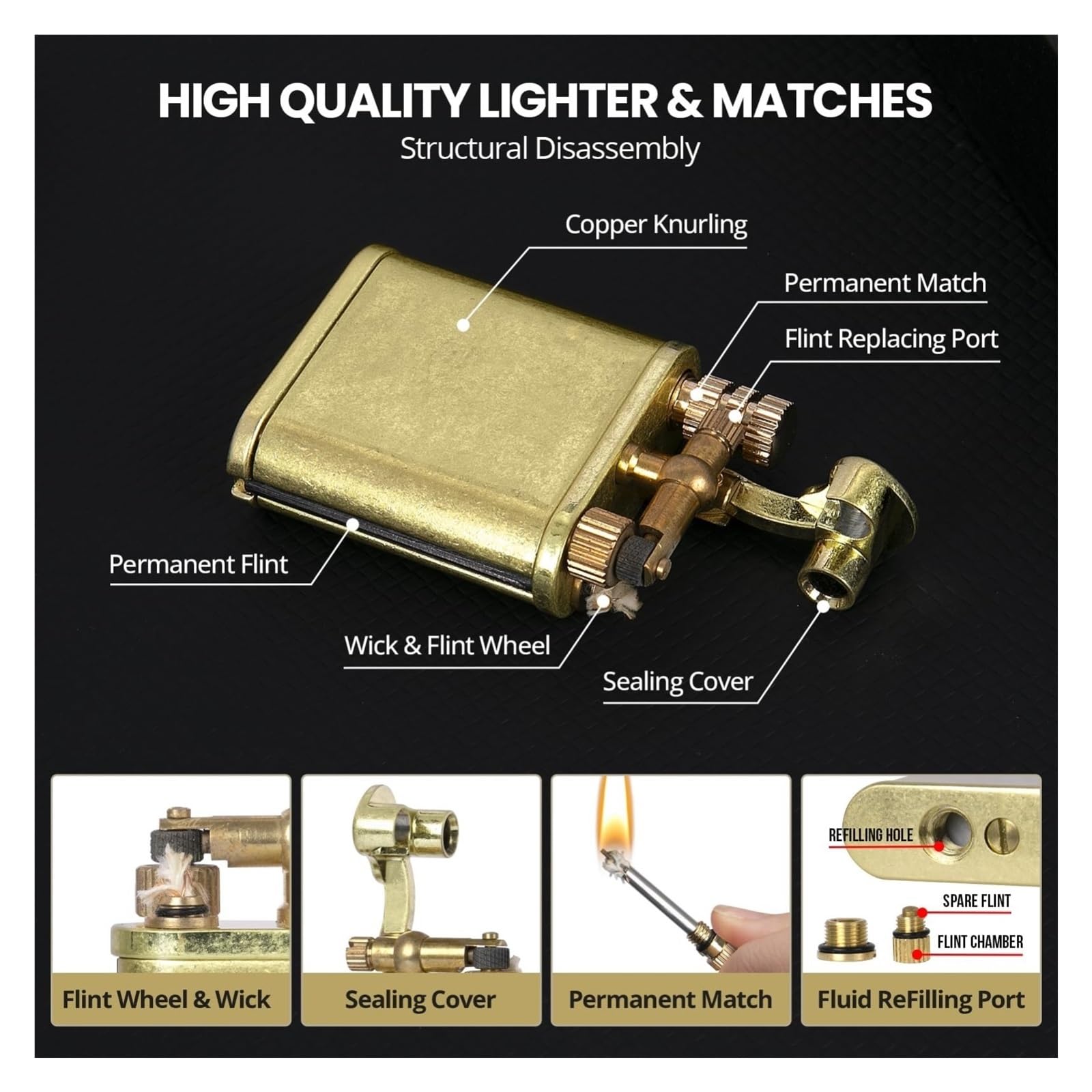 Encendedor de queroseno de latón vintage, resistente al viento y al agua, regalo recargable para hombres, perfecto para camping, colección y uso al aire libre (queroseno no incluido)