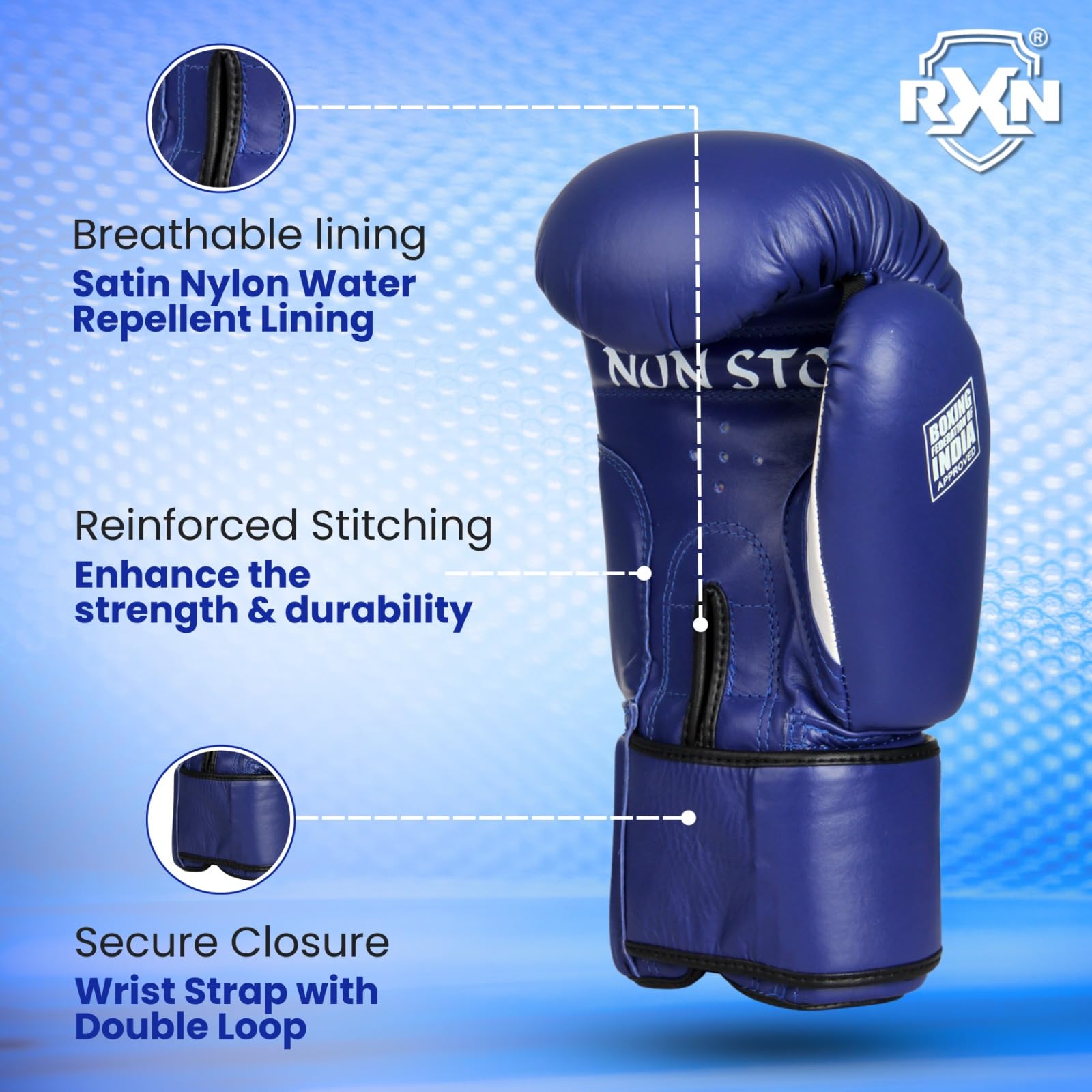 RXN Non-Stop Amateur World Star Competition Boxing Gloves (Blue, 10oz) 4
