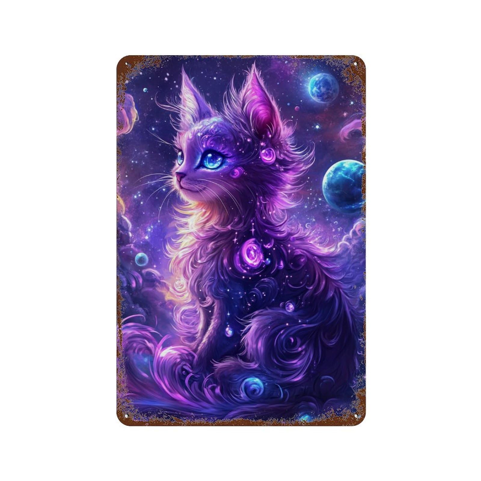 Cosmic Cat Fantasy Art 11.8"x7.9" Weathered Tin Sign, Rustic Home Decor for Living Room, Hallway And Home Decor
