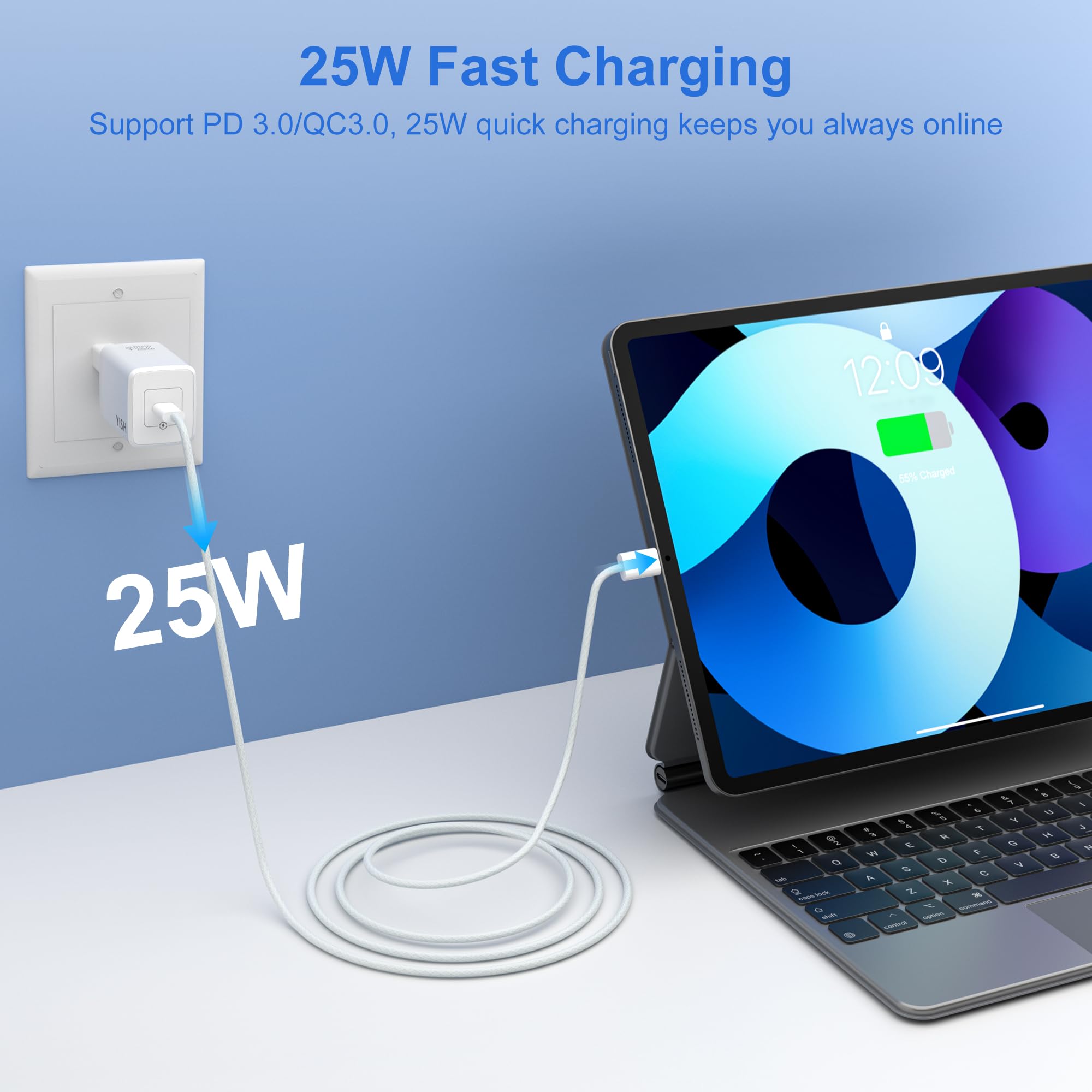 YISH USB C Szybka Ładowarka 25W：PD 3.0 Zasilacz Wtyczka USB Typ C Fast Charger USBC Adapter z 60W 1M USBC na C kablu