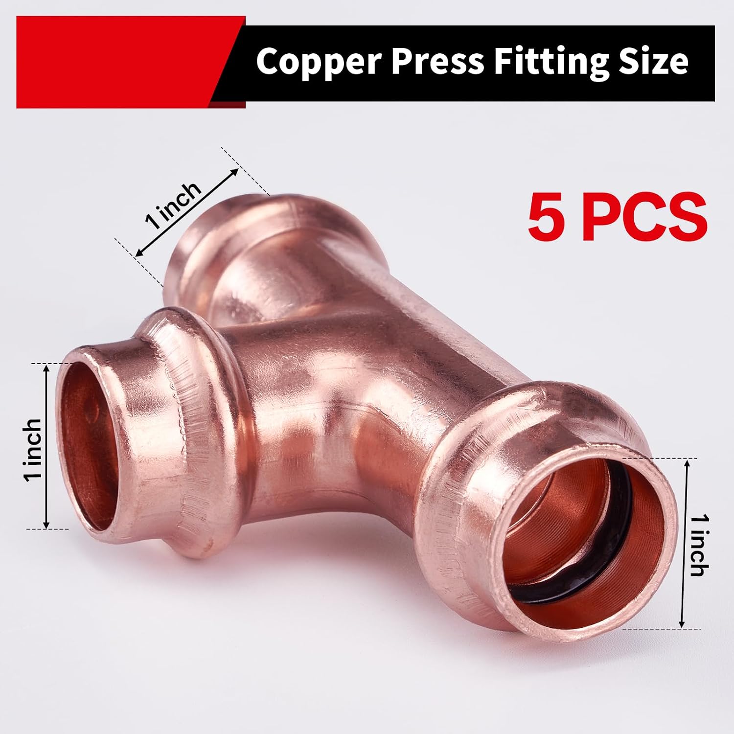Copper Press Fittings Equal Tee, 5-Pcs 1 x 1 x 1 inch Heavy Duty Pro Press Fittings, P x P x P for Copper Fitting Connection, NSF 61 & 372, cUPC Certified