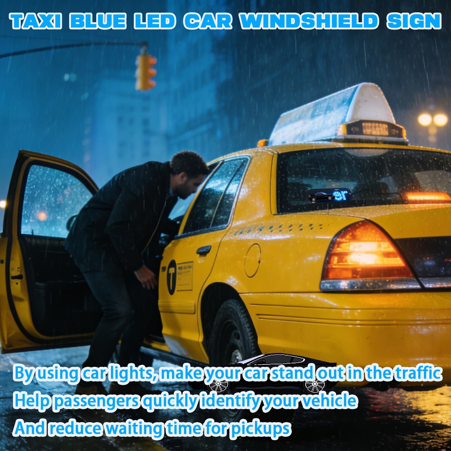 Blue LED Light Sign for Car, Taxi Windshield Light Sign, USB Plug Car Interior Lights Taxi Indicator Lights USB Cable Taxi Sign Light Windshield Car LED, Decal with Suction Cups Flashing Hook — view 2