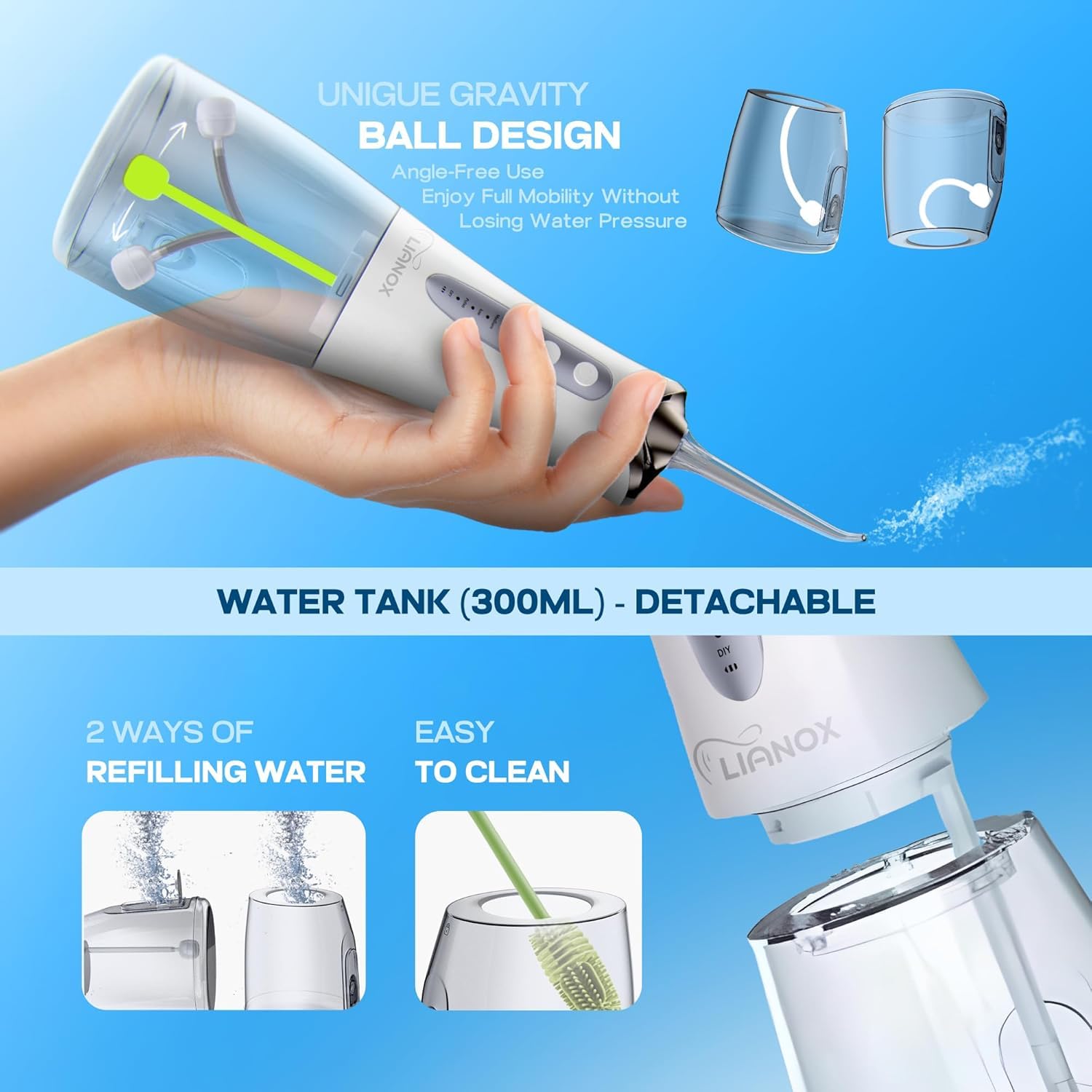 Idropulsore senza fili per la pulizia dei denti - Irrigatore orale con serbatoio staccabile da 300 ml con 5 punte e 5 modalità, impermeabile IPX7, plettro dentale ricaricabile USB per bretelle