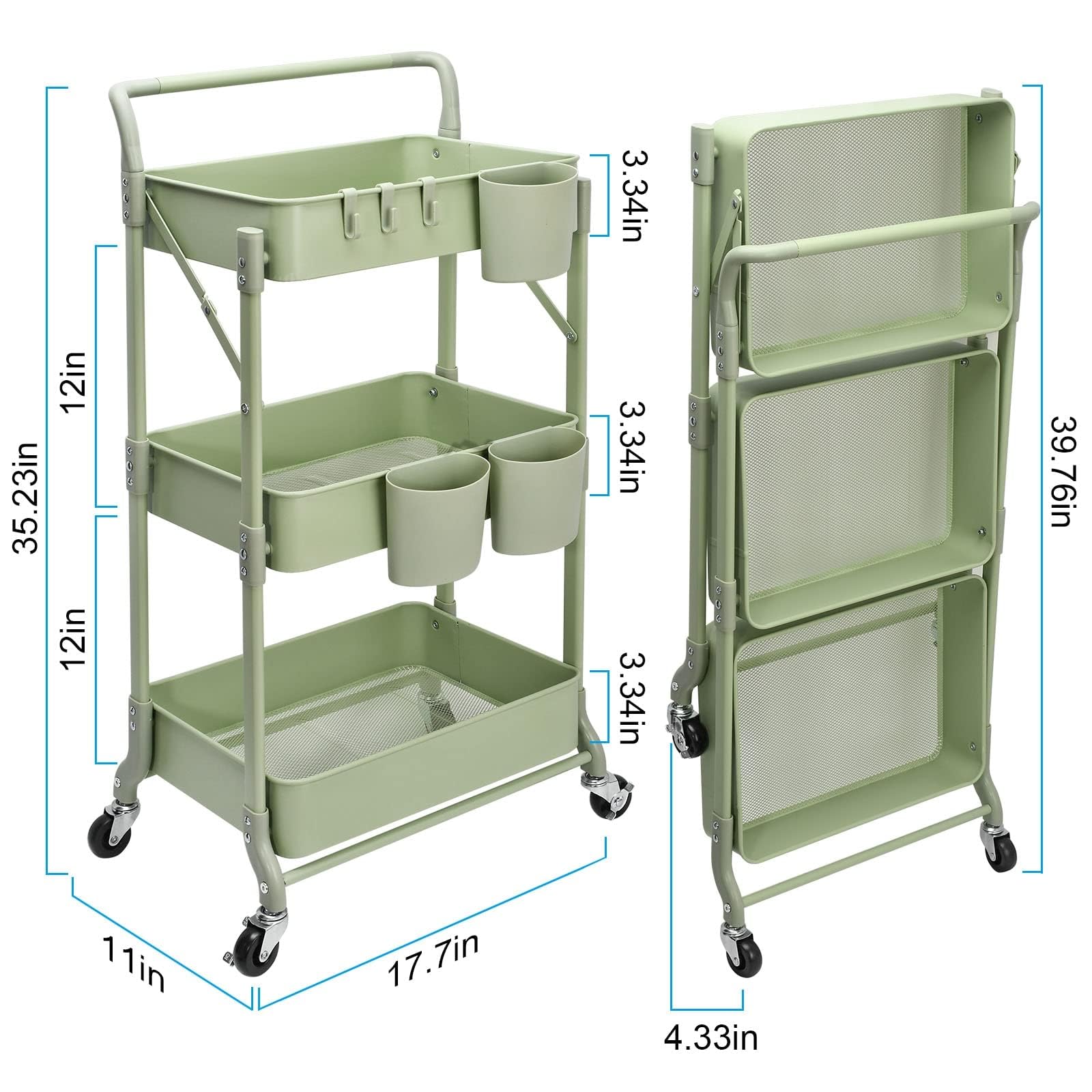 Carrello da cucina a 3 livelli, carrello da servizio, pieghevole in metallo, scaffale su ruote, scaffale, organizer da cucina, carrello pieghevole multiuso per cucina, bagno, ufficio (verde)