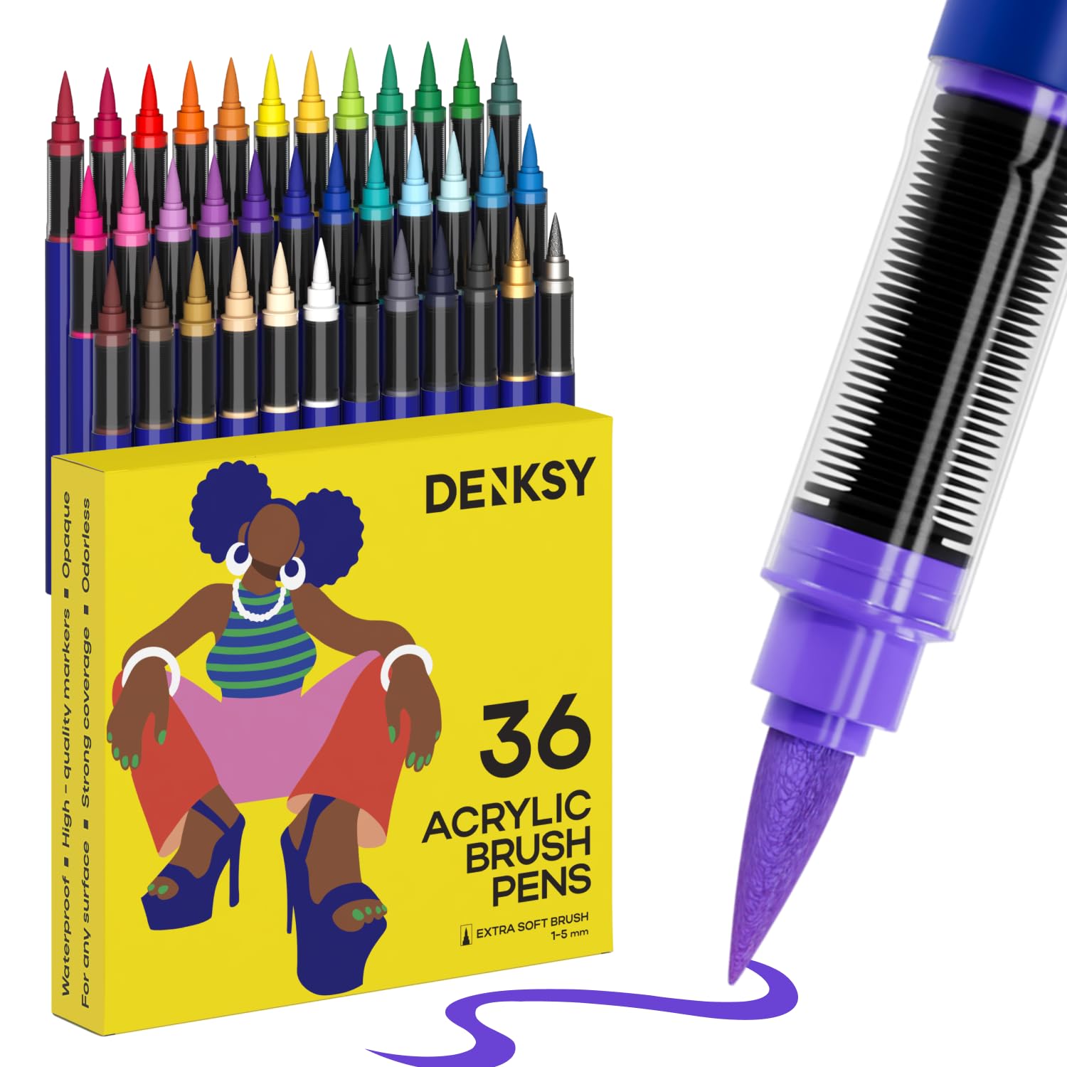 DENKSY 36 Acrylic Paint Markers Brush Tip | Water-based Acrylic Markers Set | Waterproof Acrylic Paint Pens for Rock Painting, Canvas, Glass, Wood, Ceramic, DIY Crafts, Fabric, School & Art Supplies